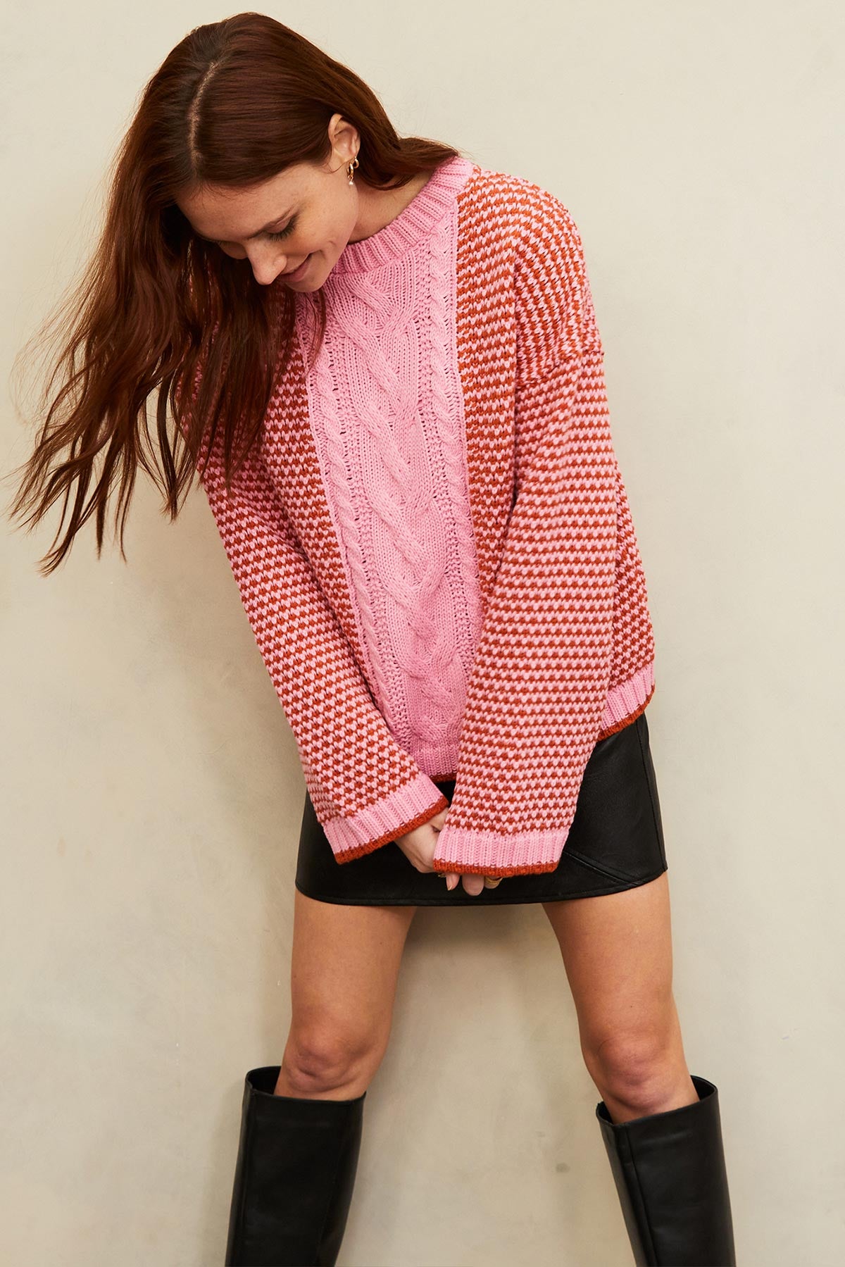 Cara & The Sky Frankie Cable Knit Crew Neck Jumper In Pink