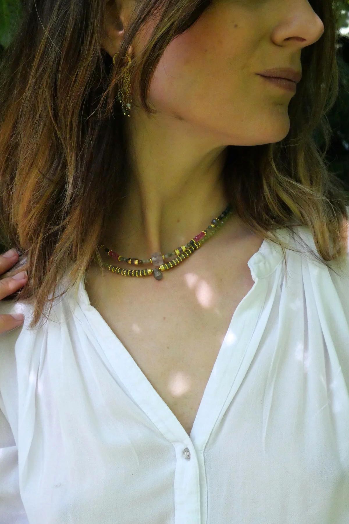 Ginandger Somila Indian Agate Ametrine Pink Topaze Labradorite Necklace