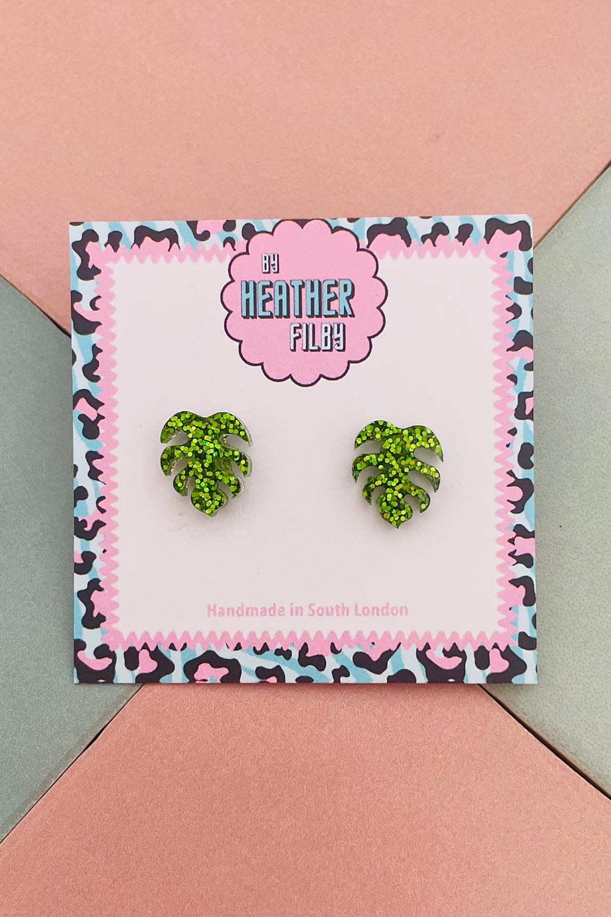 By Heather Filby Green Monstera Leaf Glitter Stud Earrings