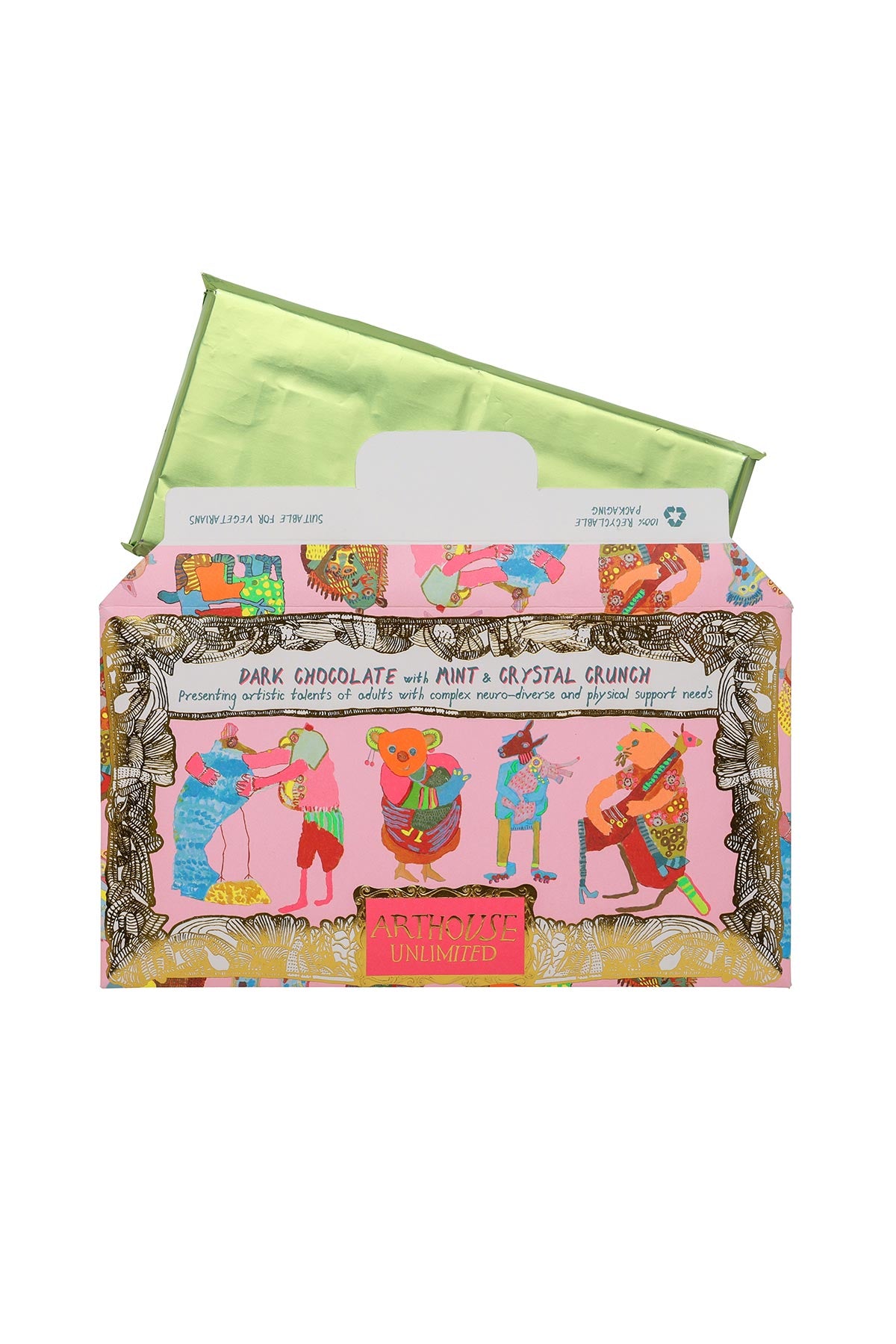 Arthouse Unlimited Hugging Animals Dark Chocolate Bar With Mint & Crystal Crunch