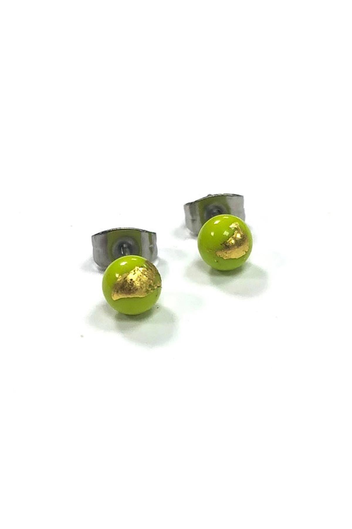 Helen Chalmers Lime Green And Gold Handmade Glass Stud Earrings