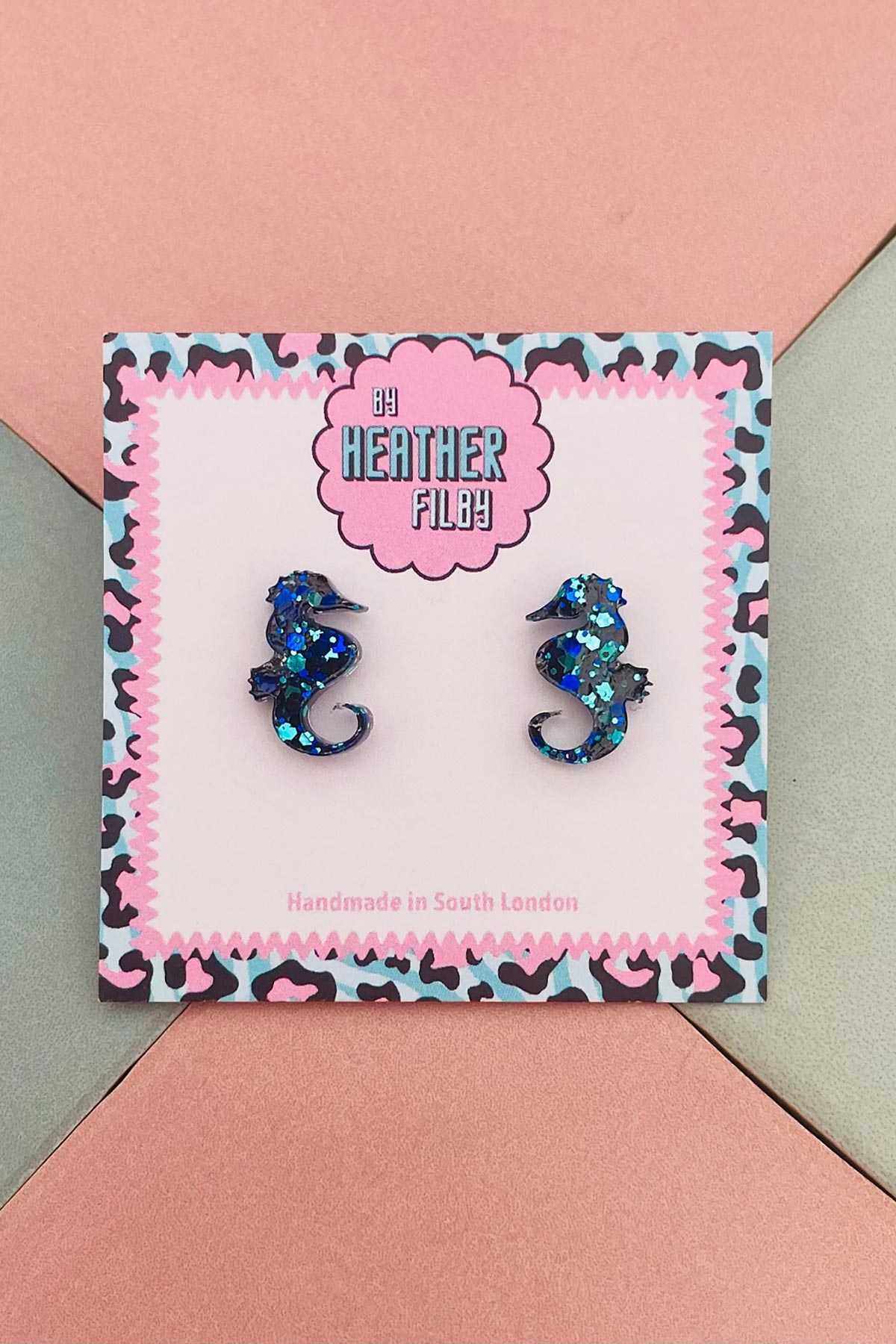 By Heather Filby Midnight Blue Seahorse Glitter Stud Earrings