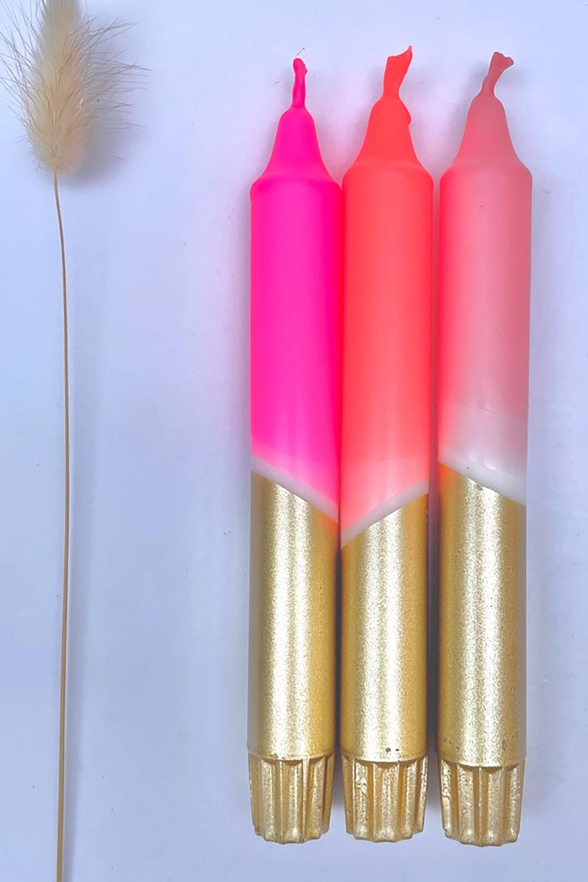 The Singing Rabbit Neon Pink, Neon Coral, Pink & Gold Dip Dyed Dinner Candles Set Of 3
