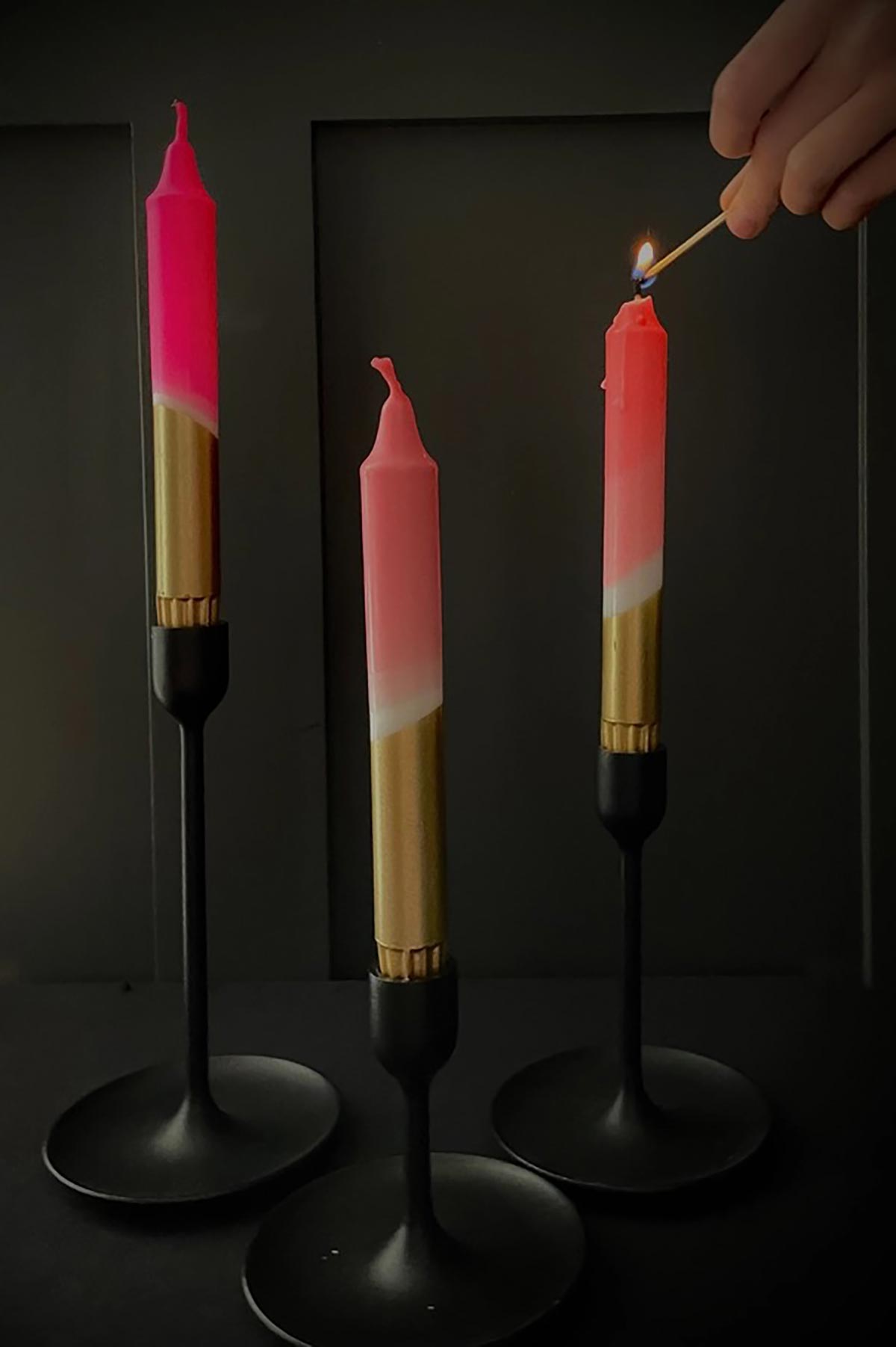 The Singing Rabbit Neon Pink, Neon Coral, Pink & Gold Dip Dyed Dinner Candles Set Of 3
