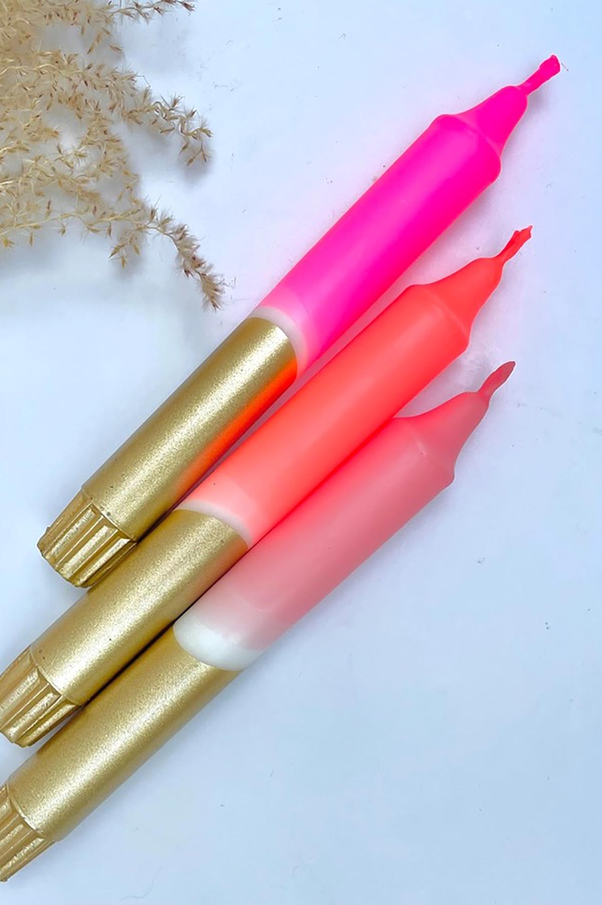 The Singing Rabbit Neon Pink, Neon Coral, Pink & Gold Dip Dyed Dinner Candles Set Of 3