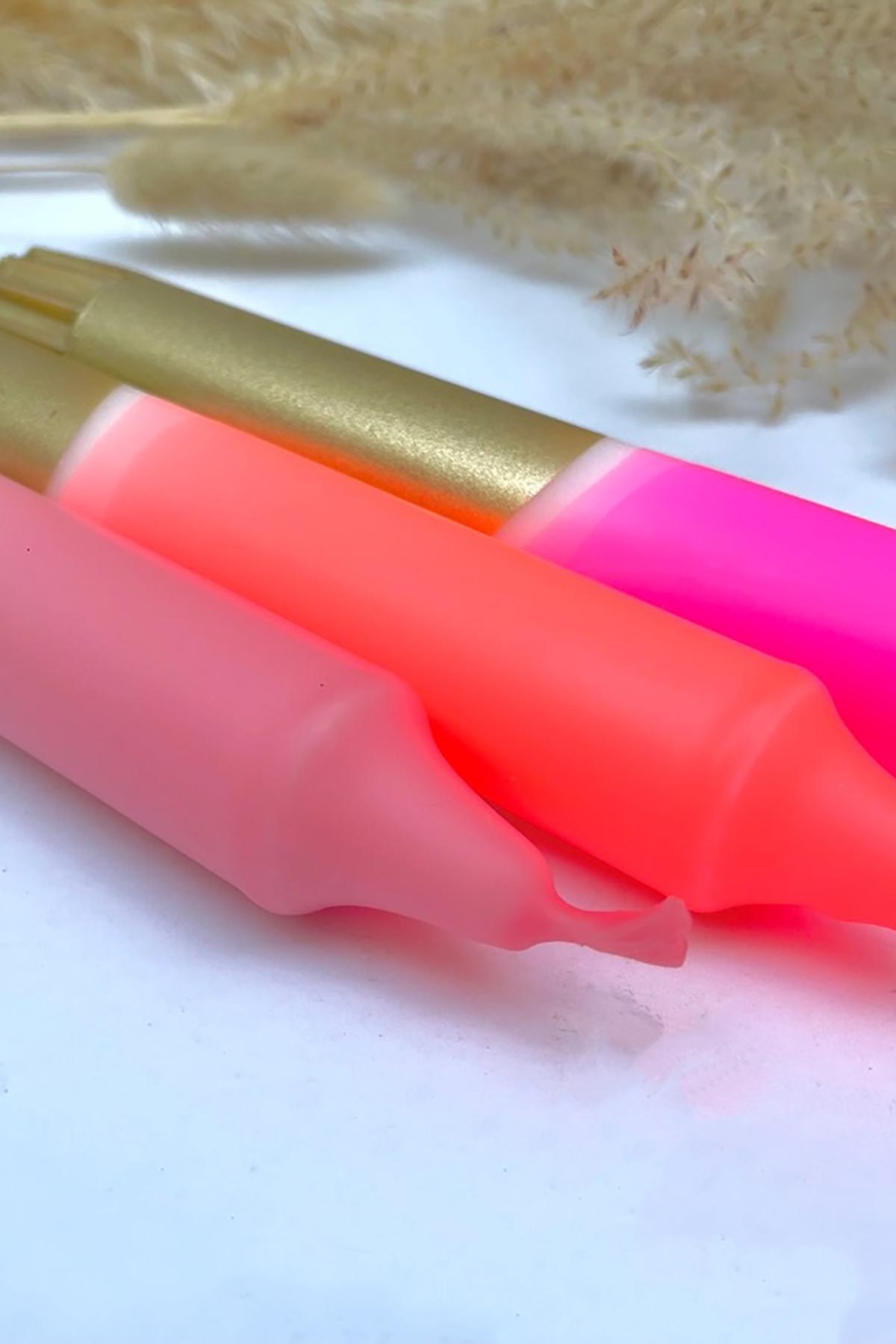 The Singing Rabbit Neon Pink, Neon Coral, Pink & Gold Dip Dyed Dinner Candles Set Of 3