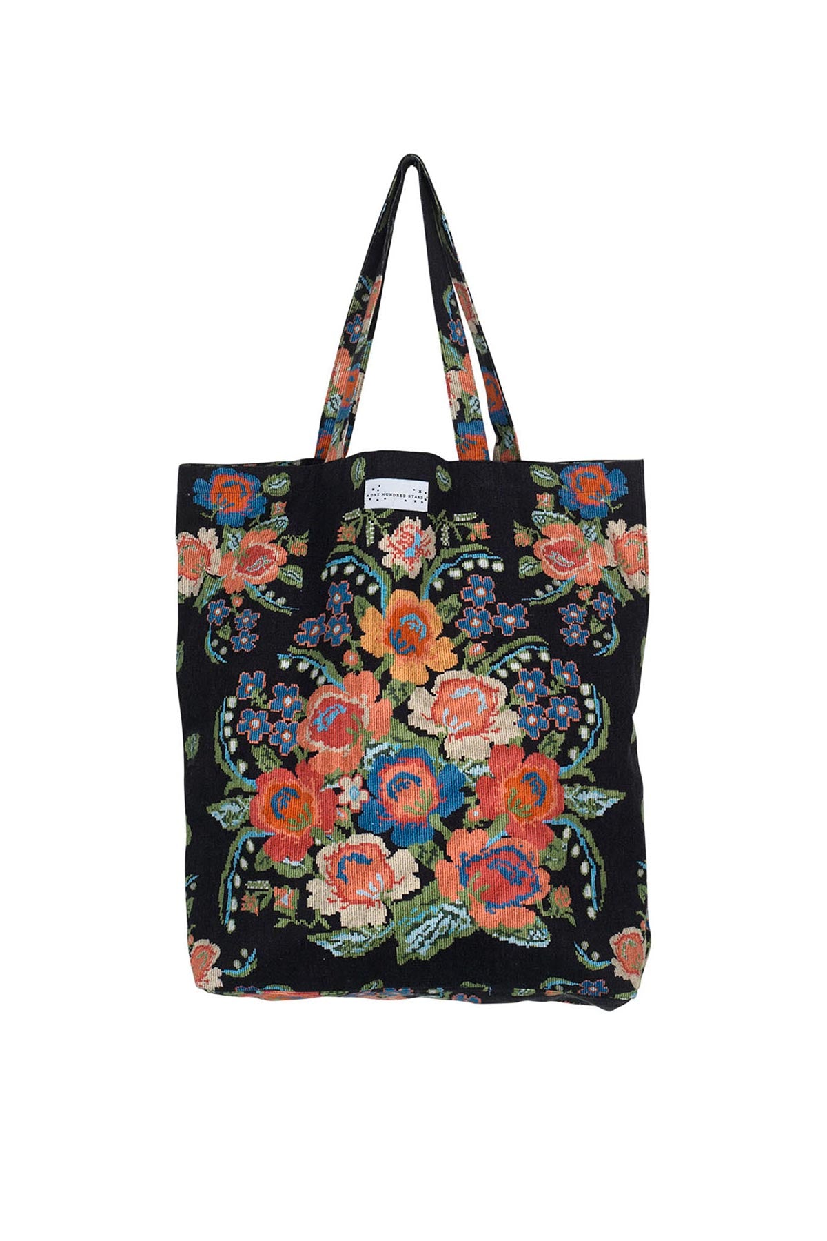 One Hundred Woven Flower Black Canvas Bag