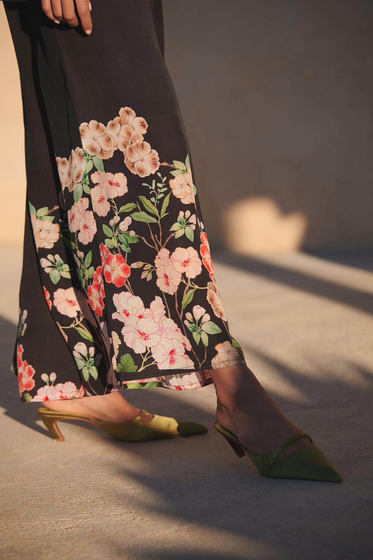 One Hundred Stars Trailing Blossom Black Crepe Palazzo Pants