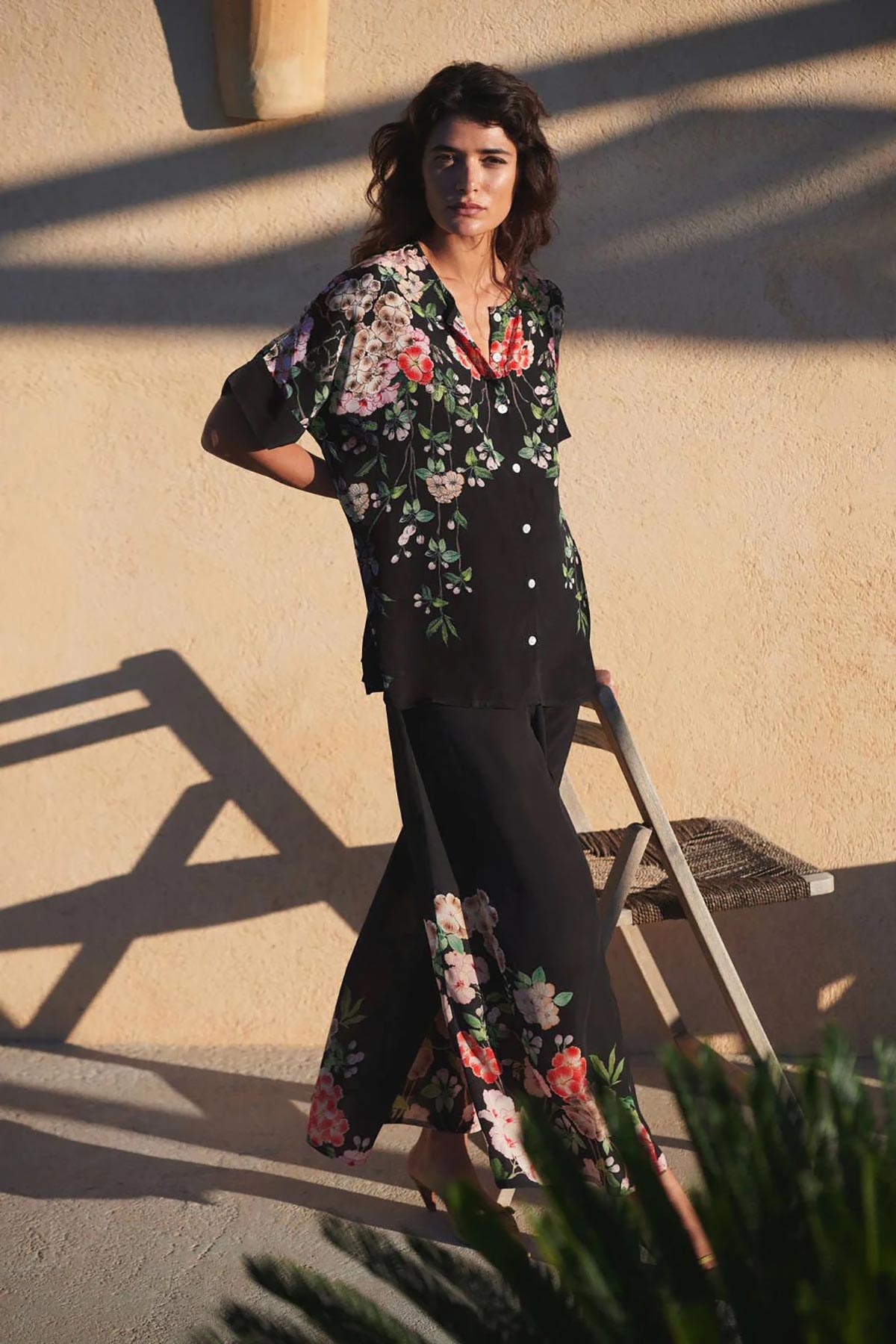 One Hundred Stars Trailing Blossom Black Crepe Palazzo Pants