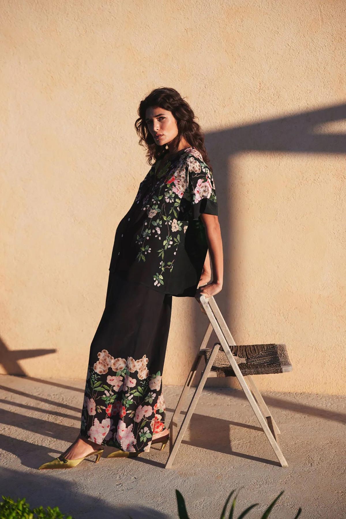 One Hundred Stars Trailing Blossom Black Crepe Palazzo Pants