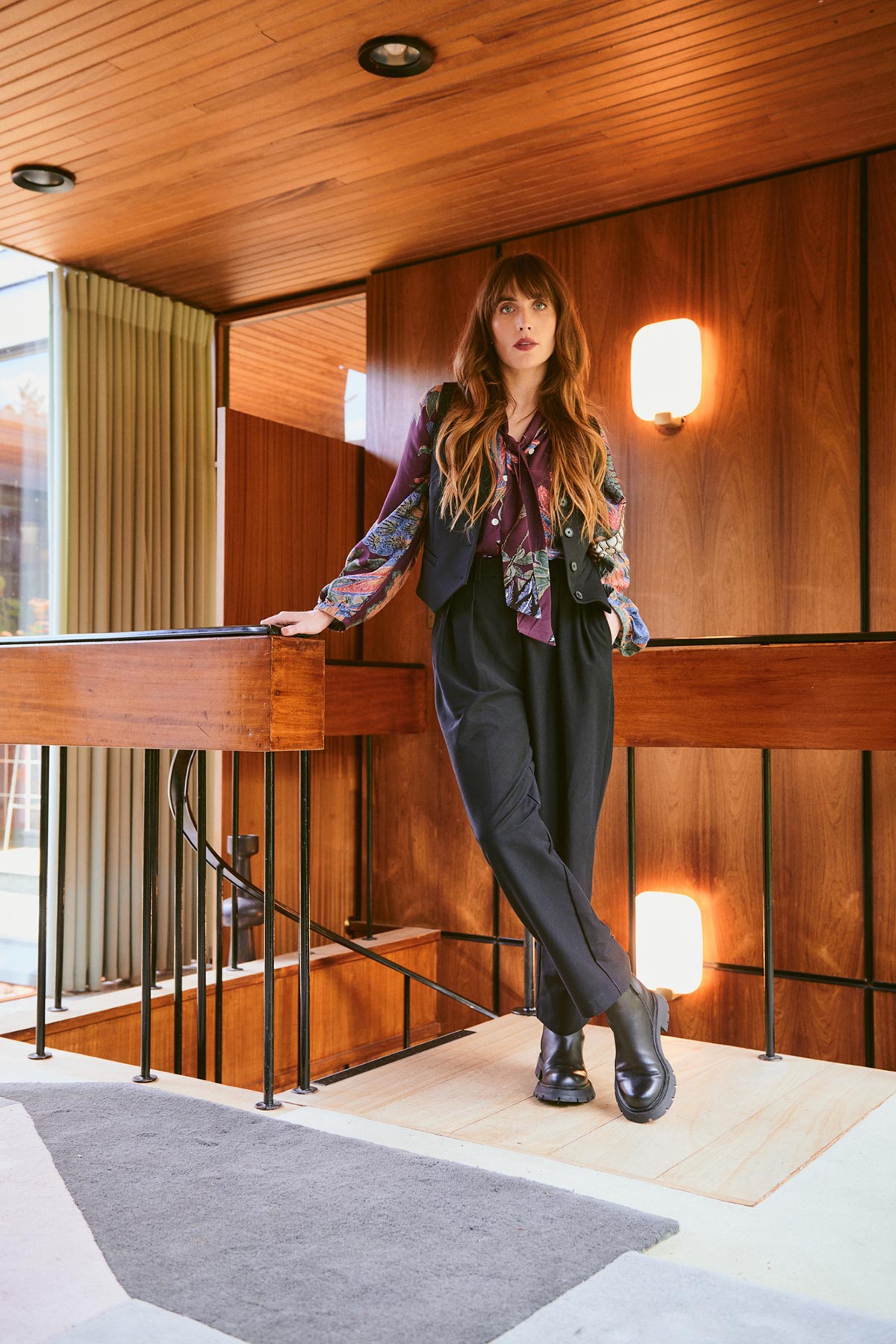 Model wearing crane plum print blouse by One Hundred Stars – available at Urban Wild