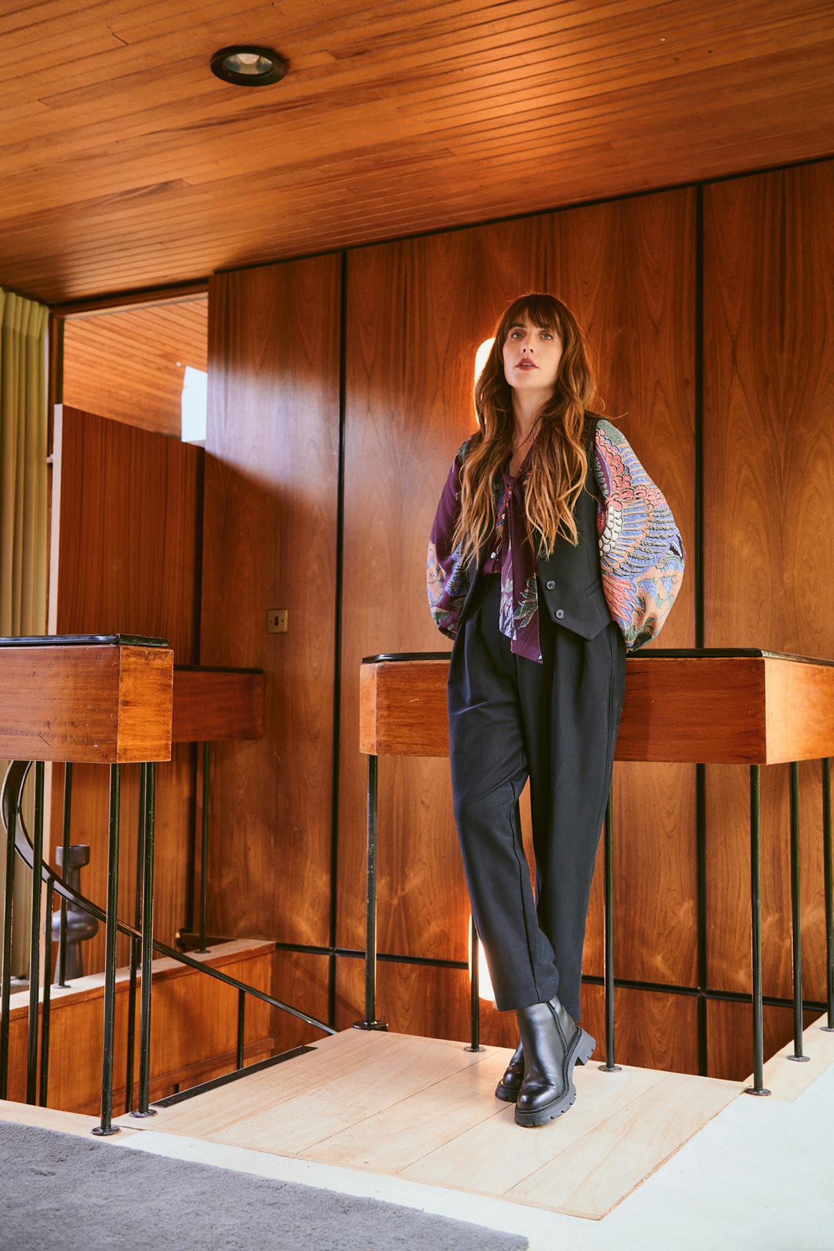 Front view of crane plum print blouse by One Hundred Stars – available at Urban Wild