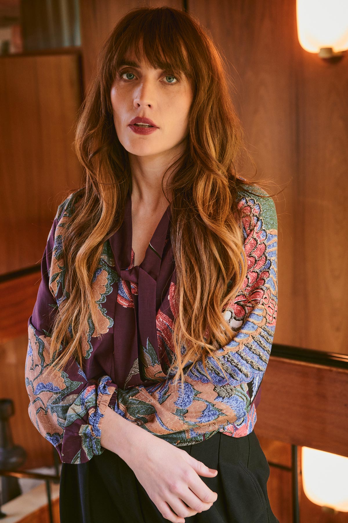 Close-up detail of crane plum print blouse by One Hundred Stars – available at Urban Wild