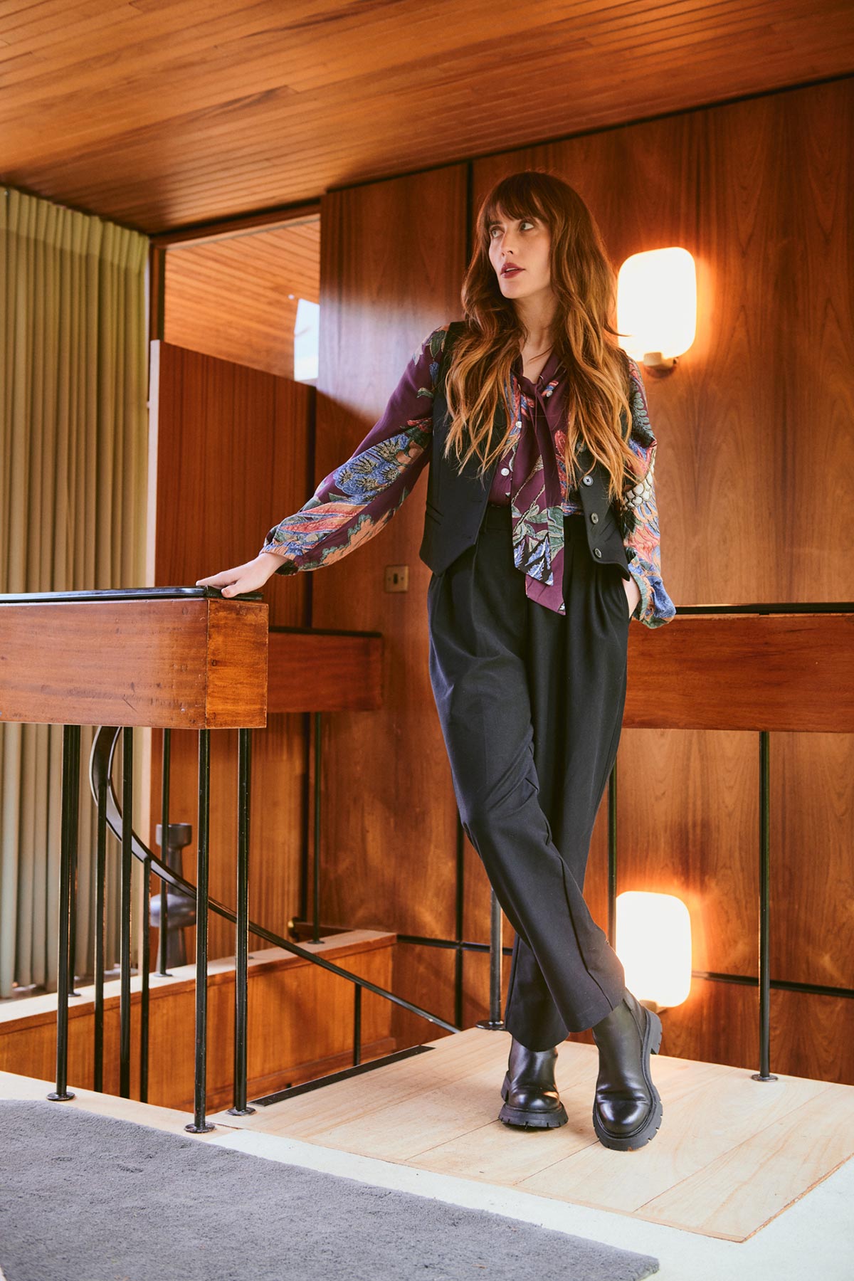Model wearing crane plum print blouse by One Hundred Stars – available at Urban Wild