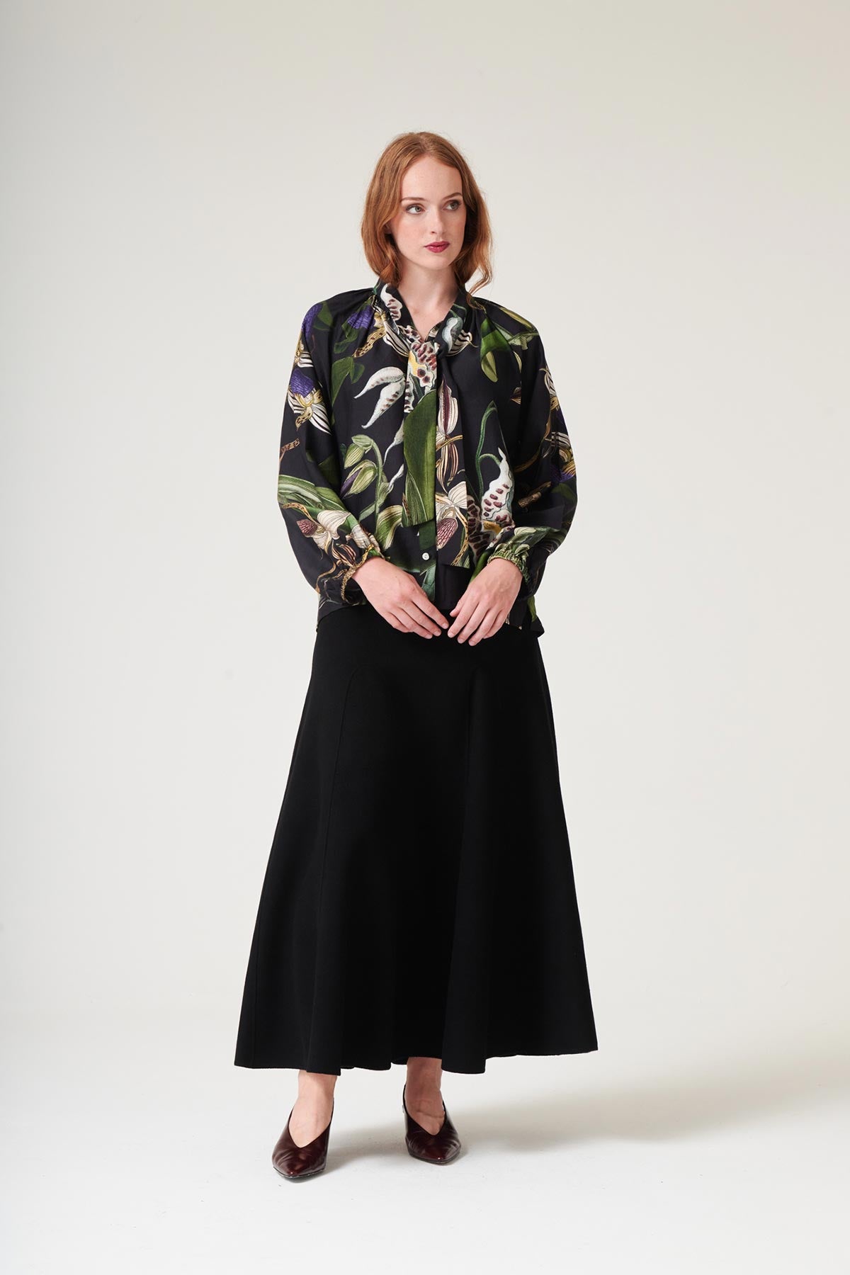Model wearing orchid black print blouse by One Hundred Stars – available at Urban Wild