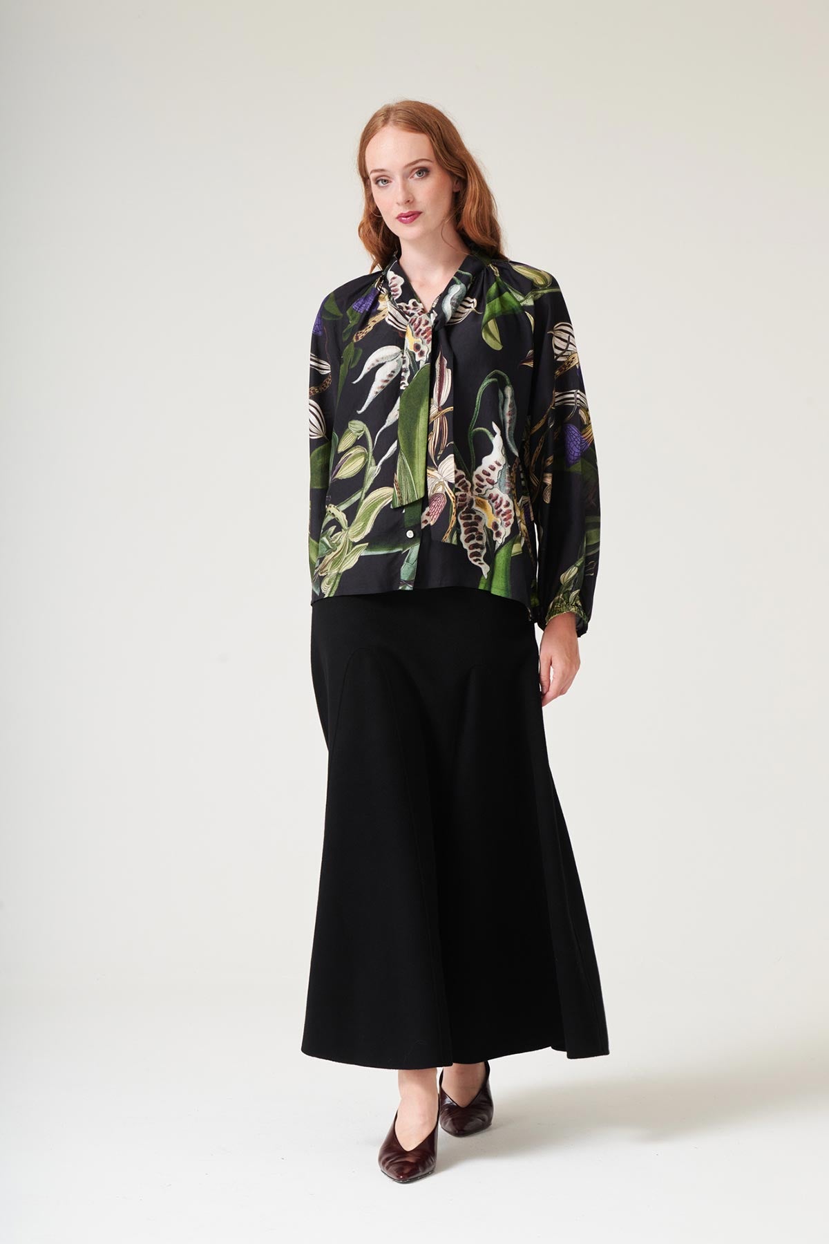 Model wearing orchid black print blouse by One Hundred Stars – available at Urban Wild