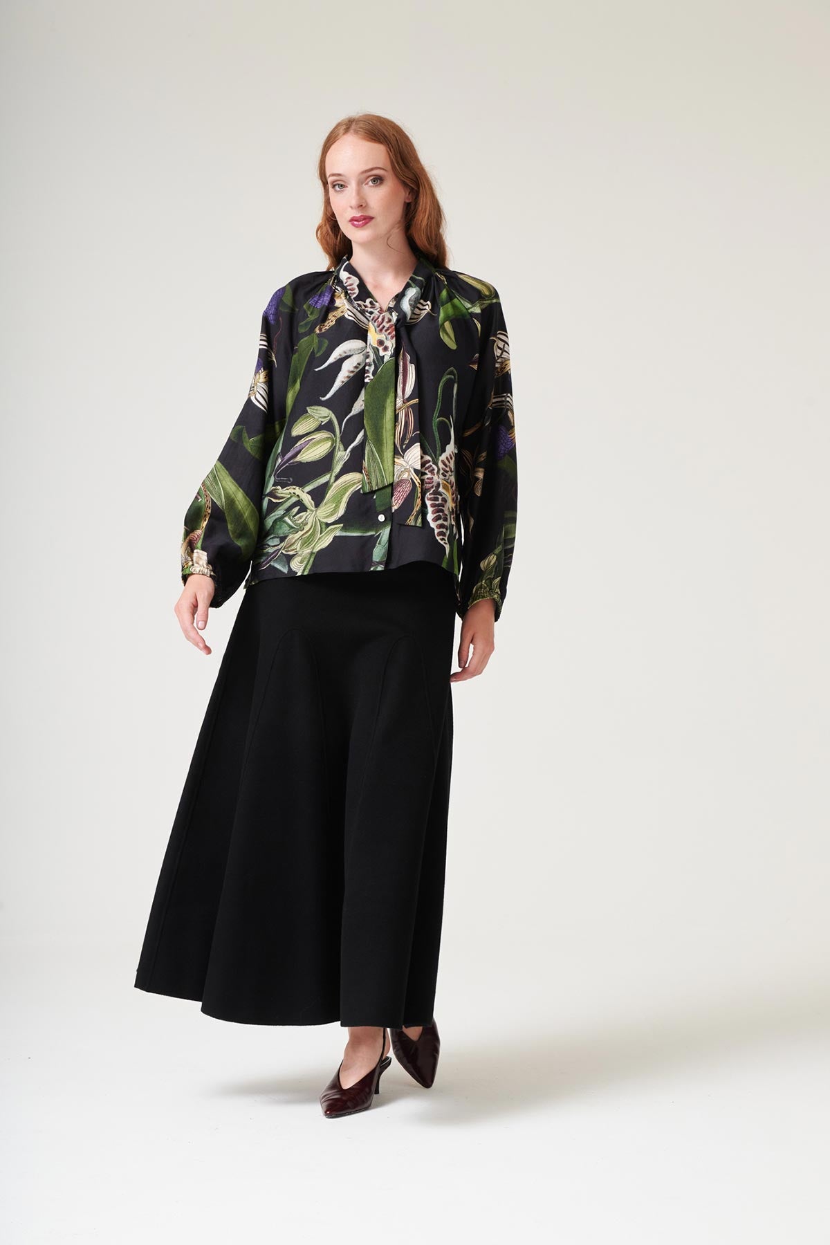 Front view of orchid black print blouse by One Hundred Stars – available at Urban Wild