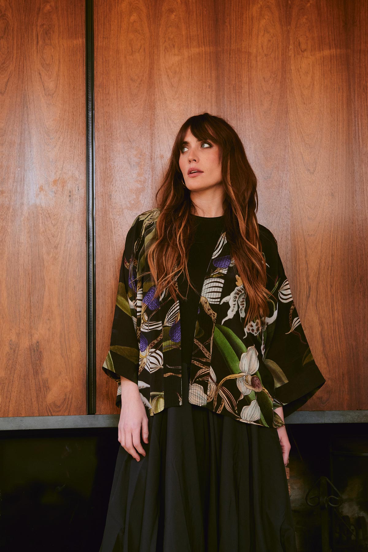 Front view of orchid black print kimono by One Hundred Stars – available at Urban Wild