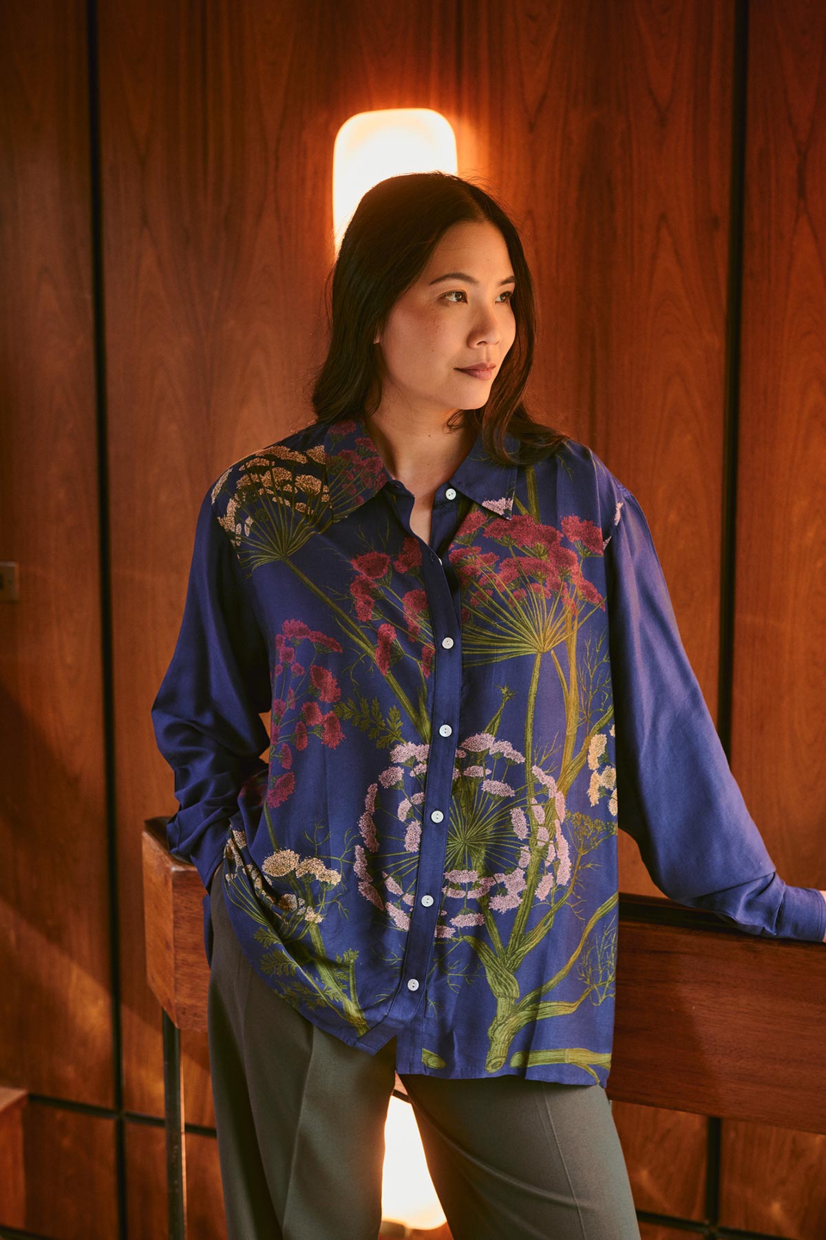 Model wearing parsley seed print oversized shirt by One Hundred Stars – available at Urban Wild