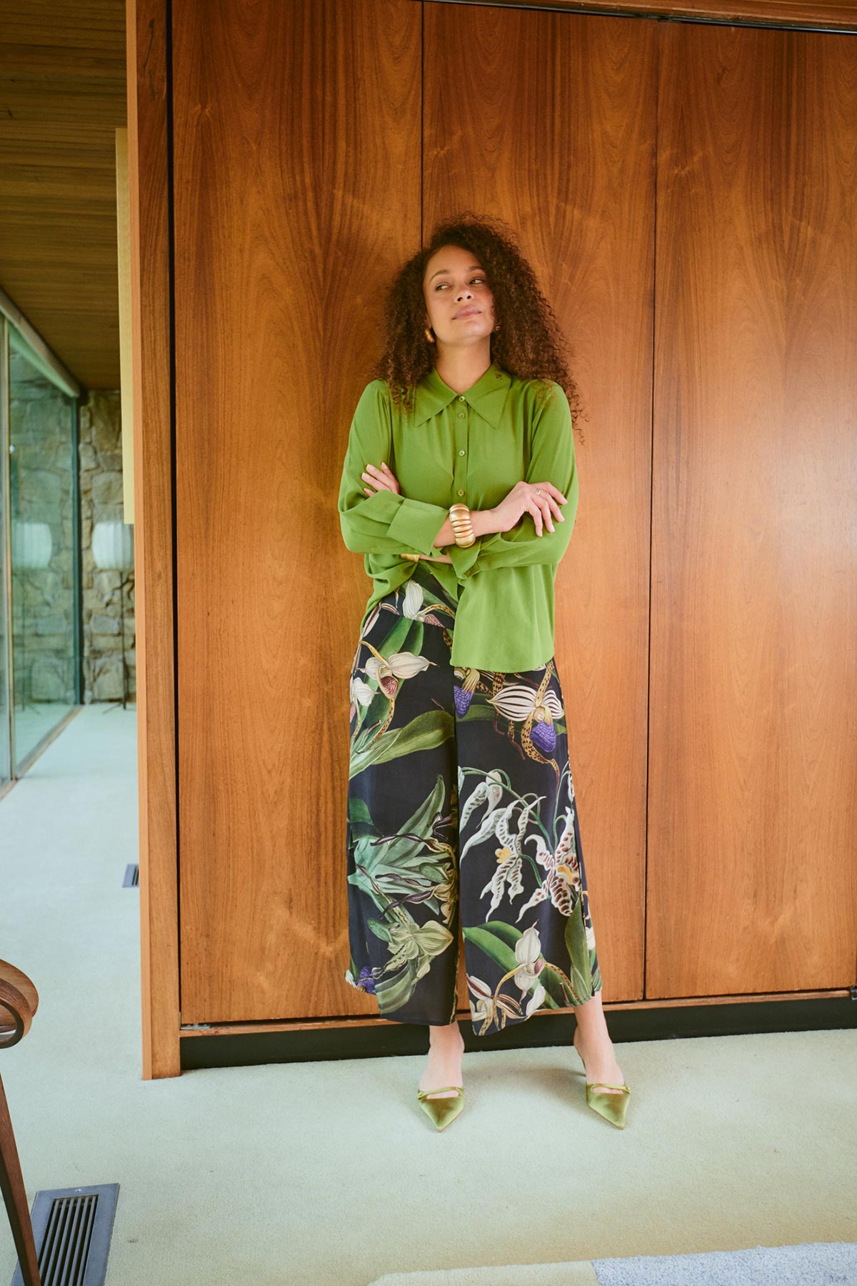 Model wearing orchid black print palazzo pants by One Hundred Stars – available at Urban Wild