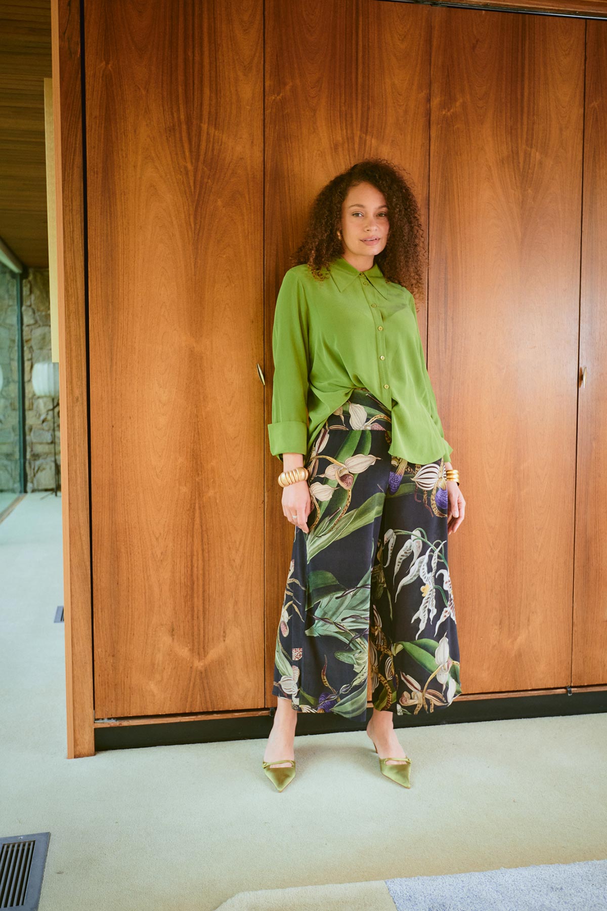 Model wearing orchid black print palazzo pants by One Hundred Stars – available at Urban Wild