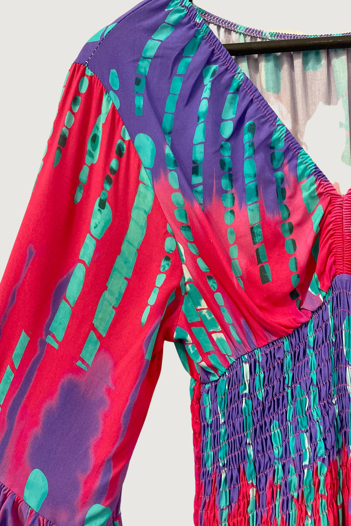Mia Strada Tie Dye Shirred Waist Dress In Pink + Purple