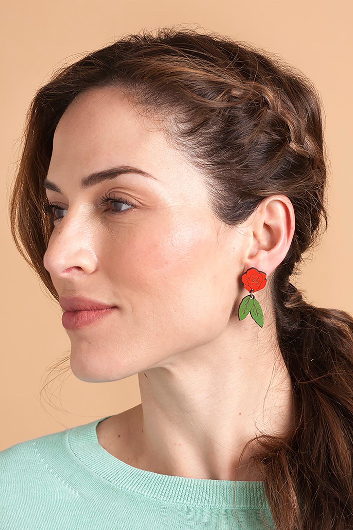 Materia Rica Red Rose Stud Wooden Earrings
