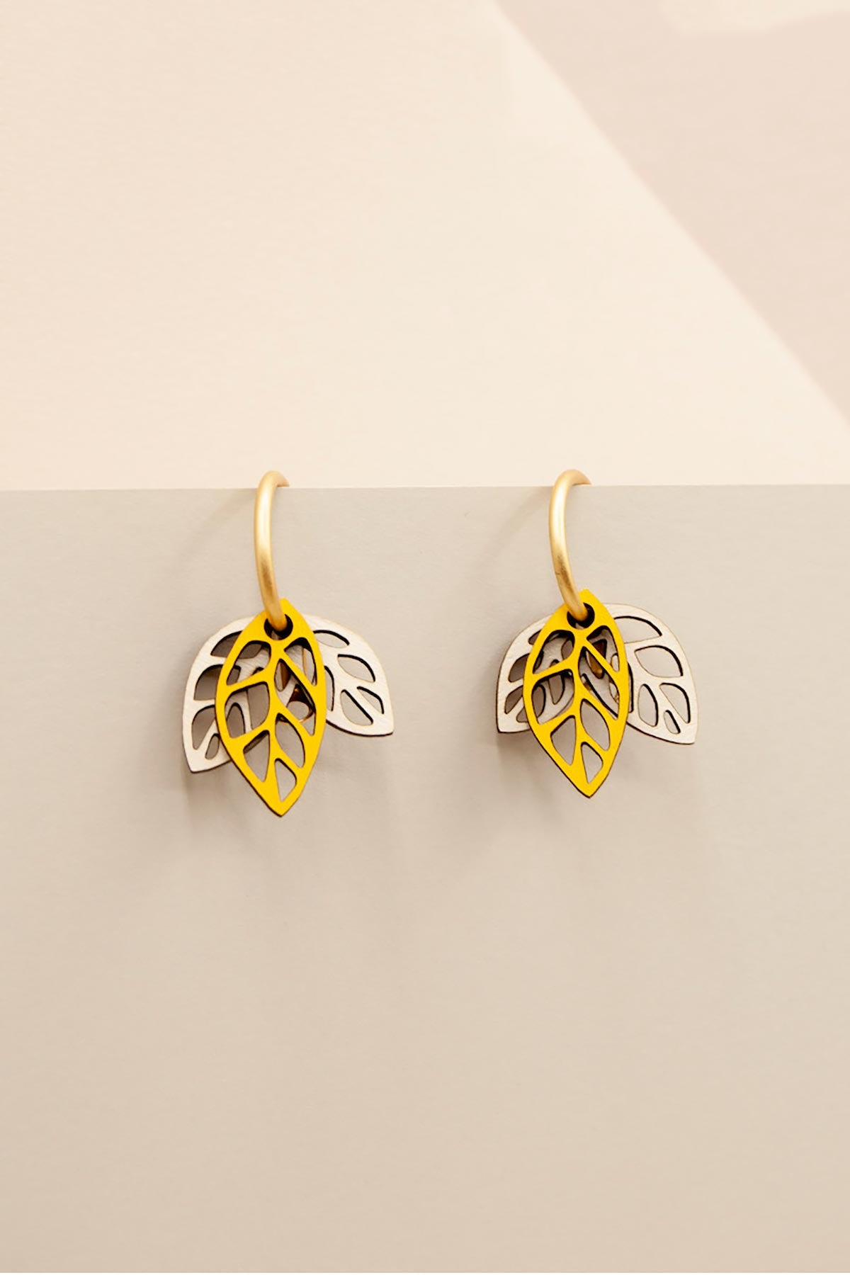 Materia Rica Rustling Leaves Drop Hoop Wooden Earrings In Yellow