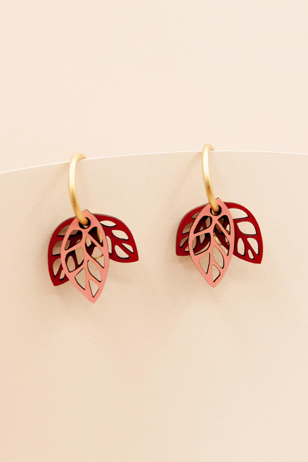 Materia Rica Rustling Leaves Drop Hoop Wooden Earrings In Red