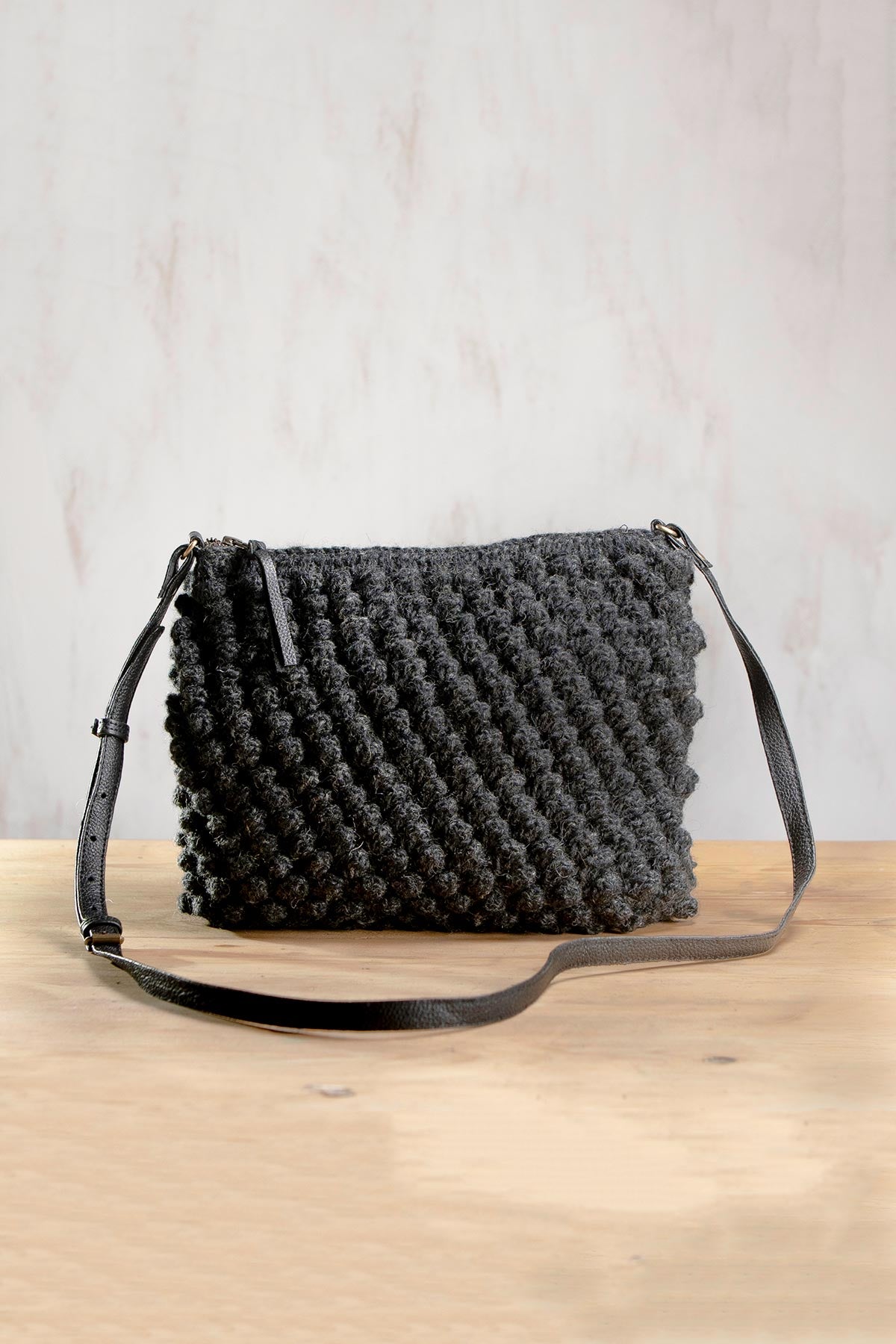 Dark Grey Huri Knit Wool Crochet Bobble Cross Body Handbag