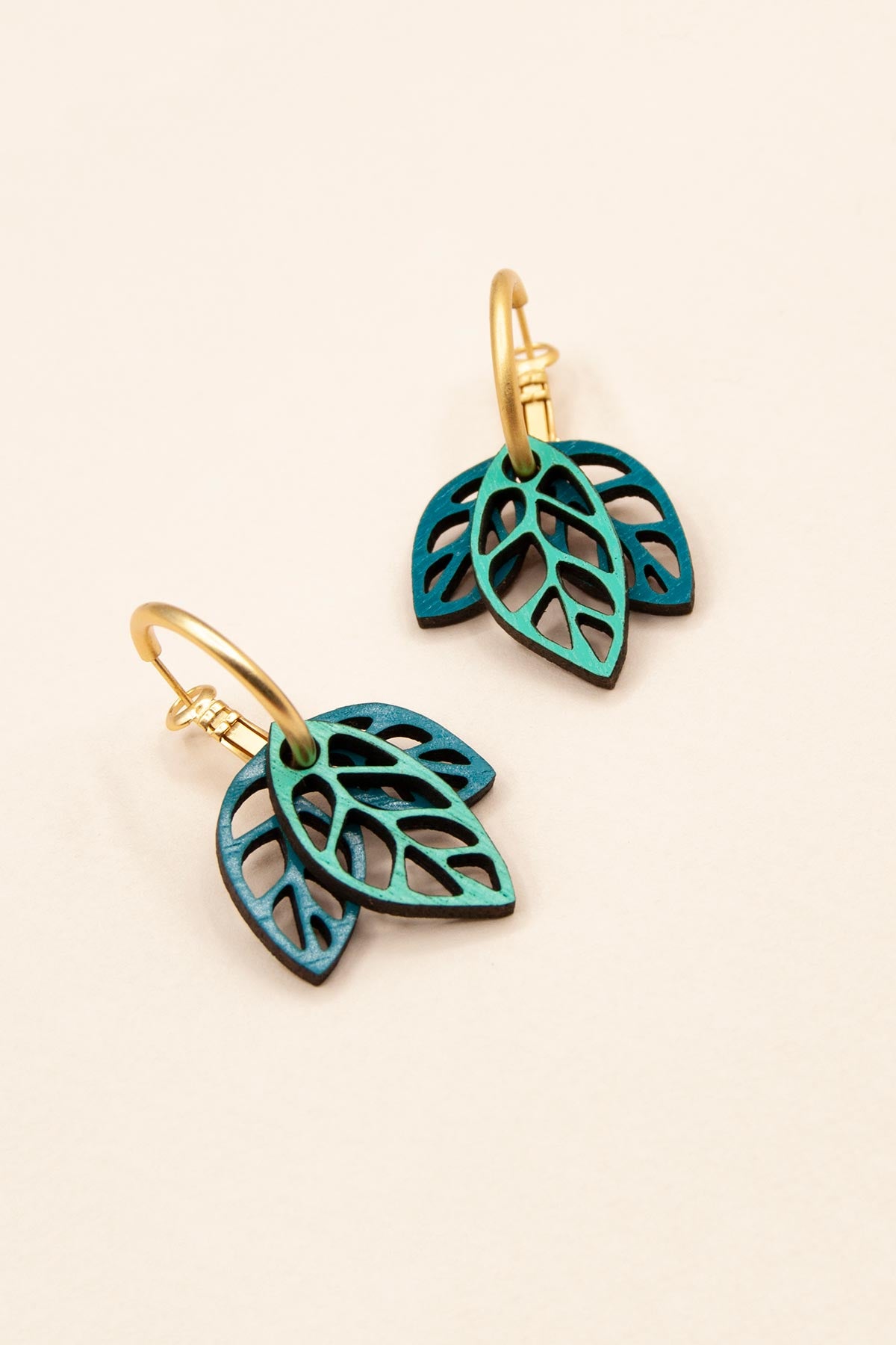 Materia Rica Rustling Leaves Drop Hoop Wooden Earrings In Green