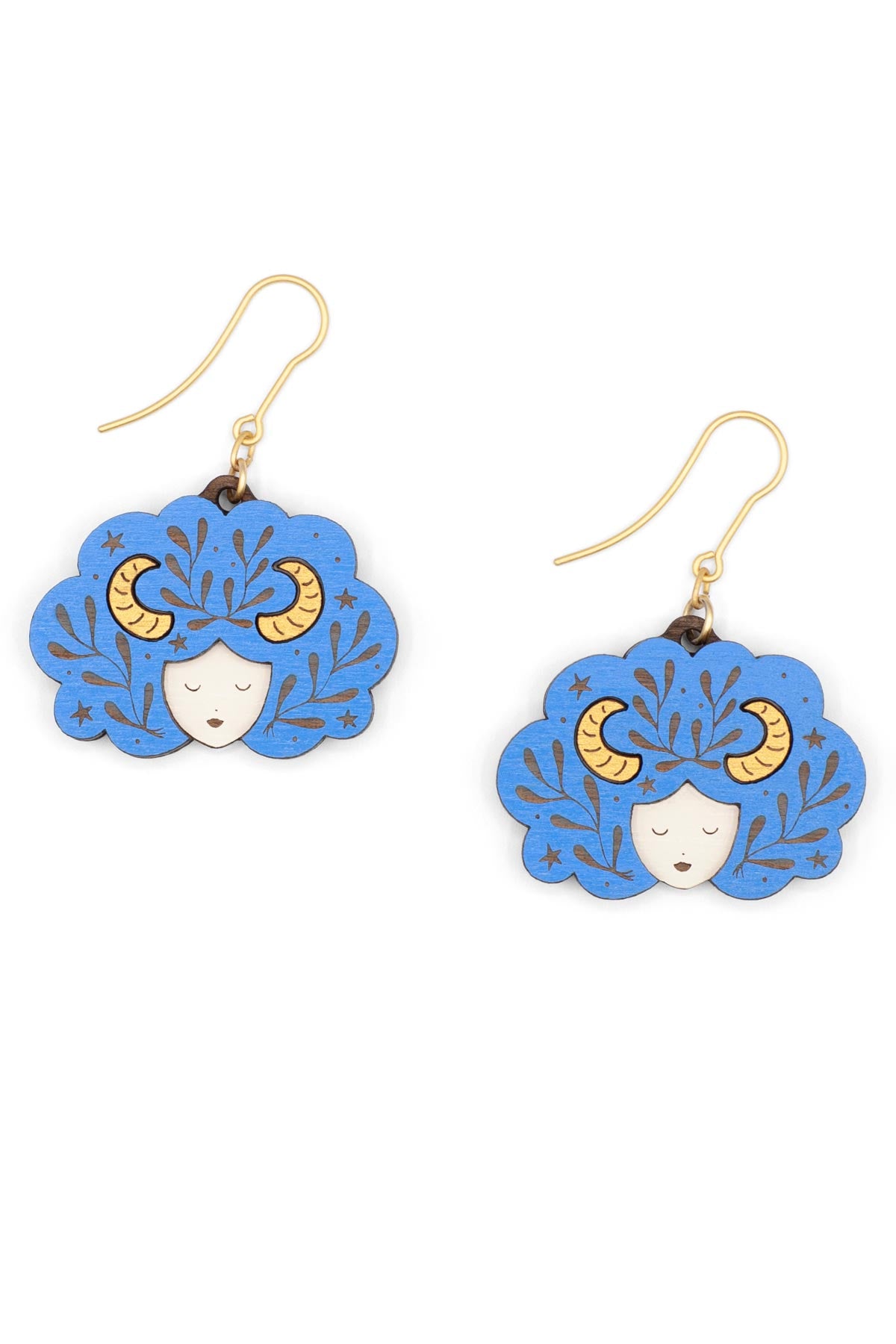 Blue Zodiac Aries Drop Hook Wooden Earrings Materia Rica