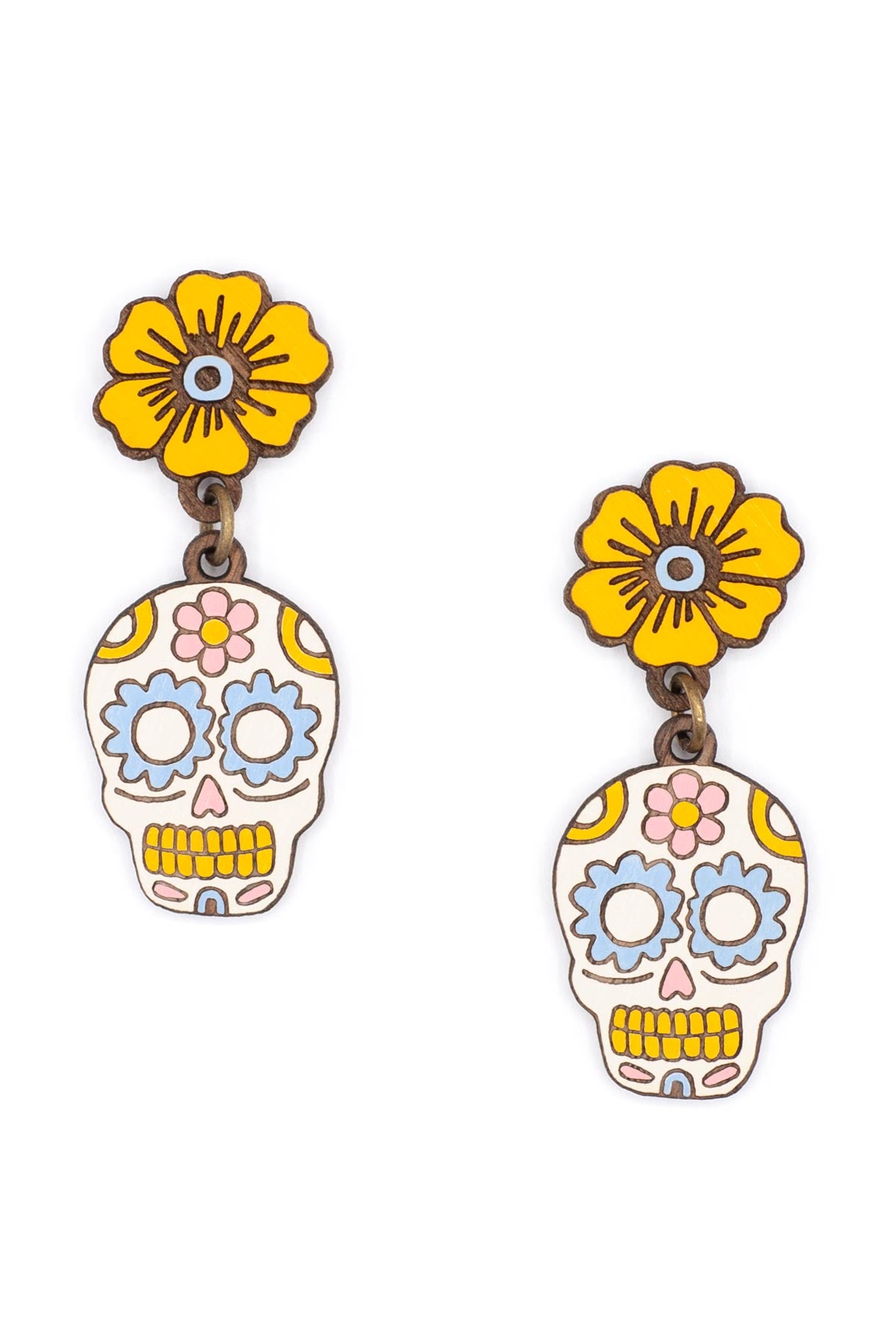 Materia Rica Blooming skull Stud Wooden Earrings