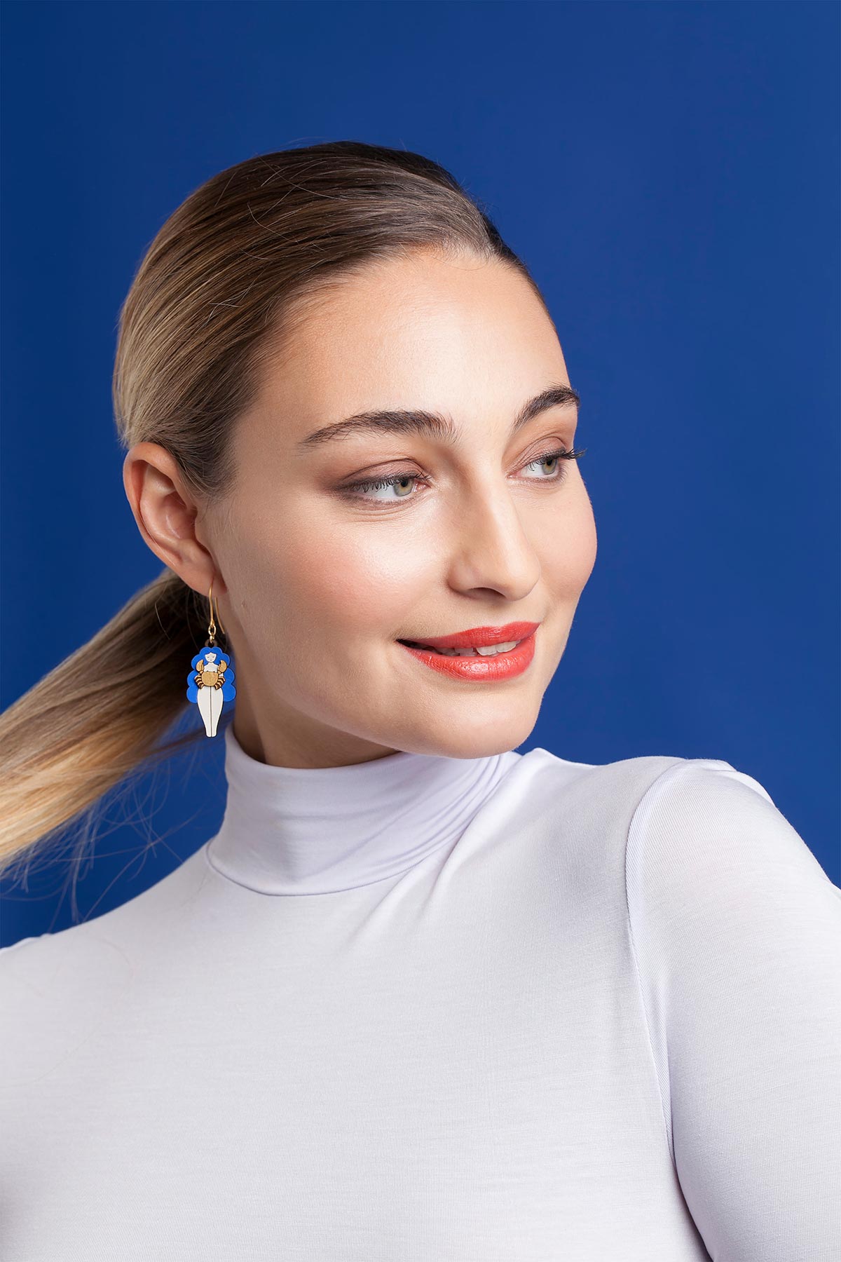 Blue Zodiac Cancer Drop Hook Wooden Earrings Materia Rica