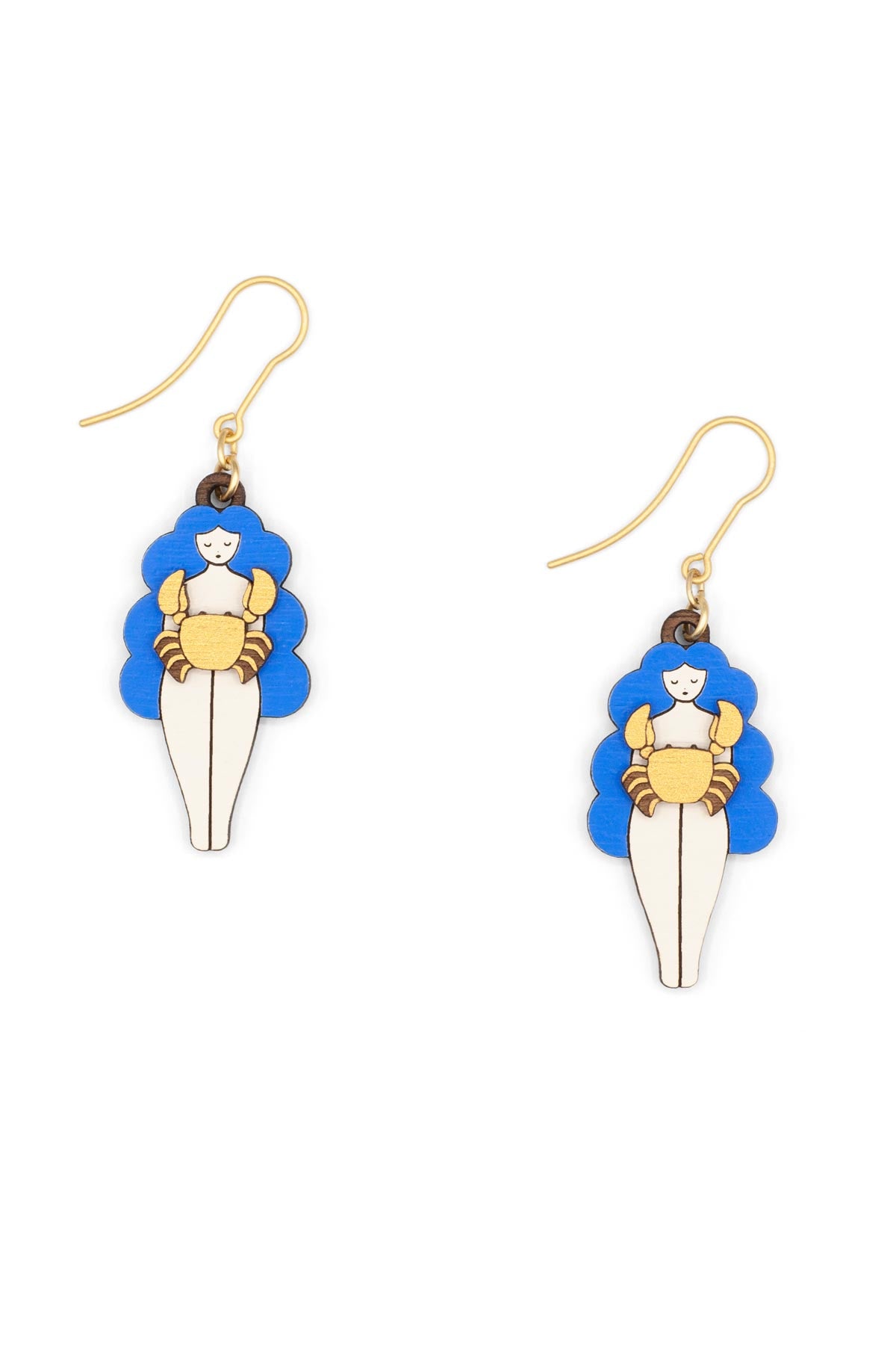 Blue Zodiac Cancer Drop Hook Wooden Earrings Materia Rica