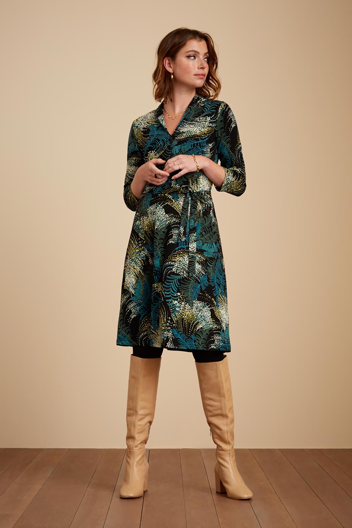 Knee Length Flared Dress with 3/4 Sleeves and Button Closure | Black