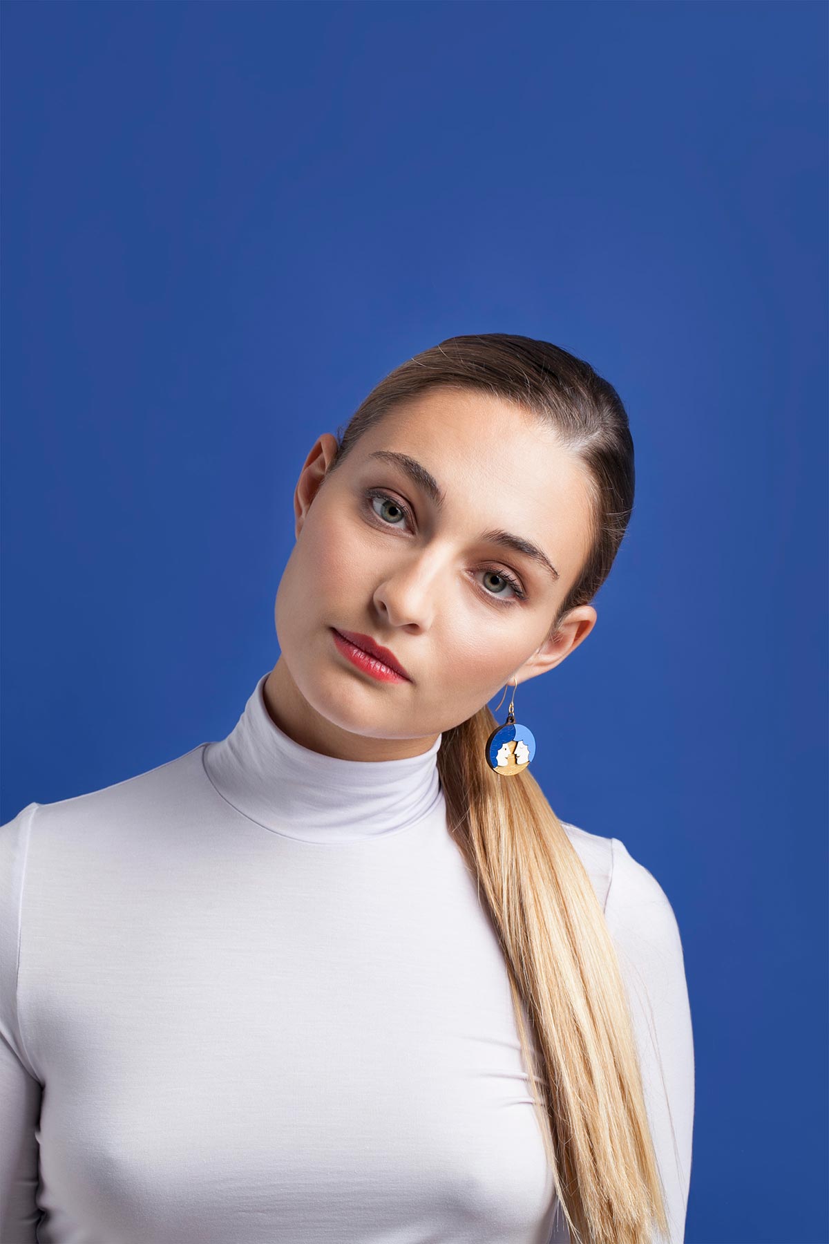 Blue Zodiac Gemini Drop Hook Wooden Earrings Materia Rica