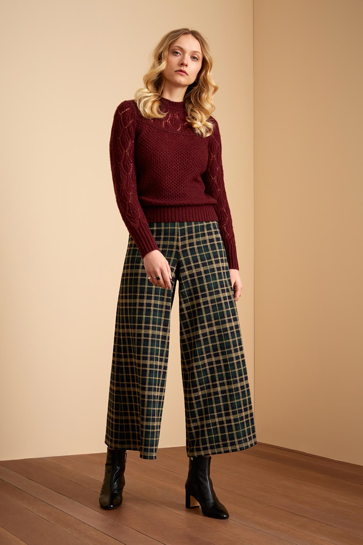 Round Neck Ajour knit Knitted Sweater With Ribbed Hems | Windsor Red