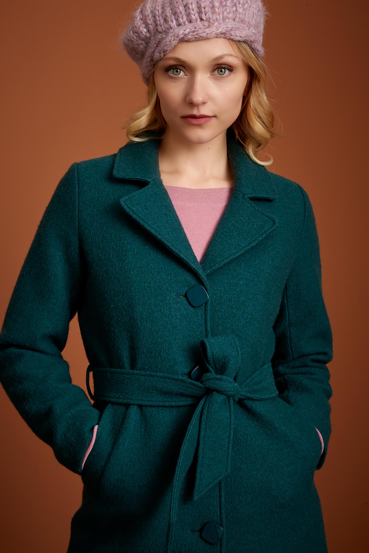 Lapel Collar Wool Coat With Side Pockets & Tie Belt | Pine Green