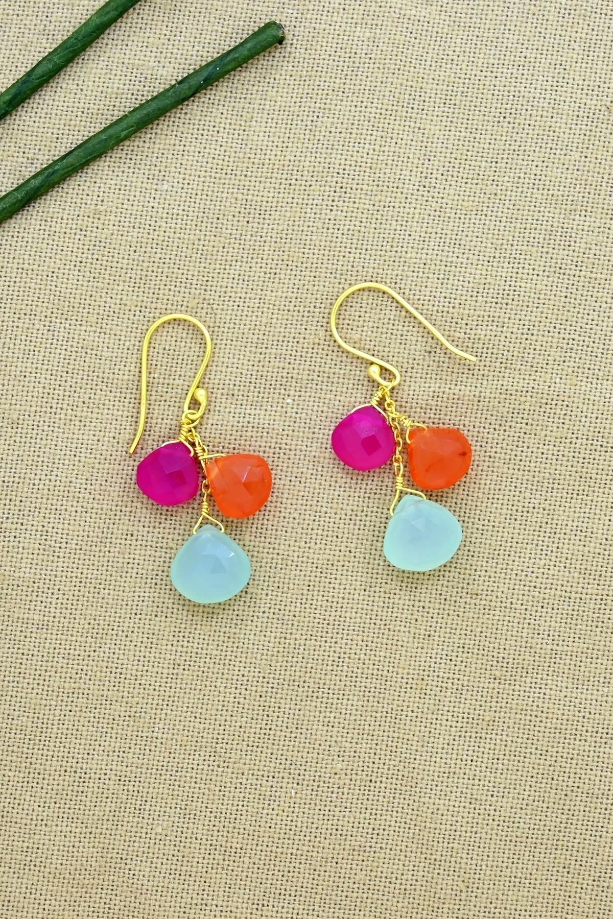 Schmuckoo Pink Fuchsia Onyx, Orange Carnelian & Aqua Chalcedony Droplet Hook Earrings