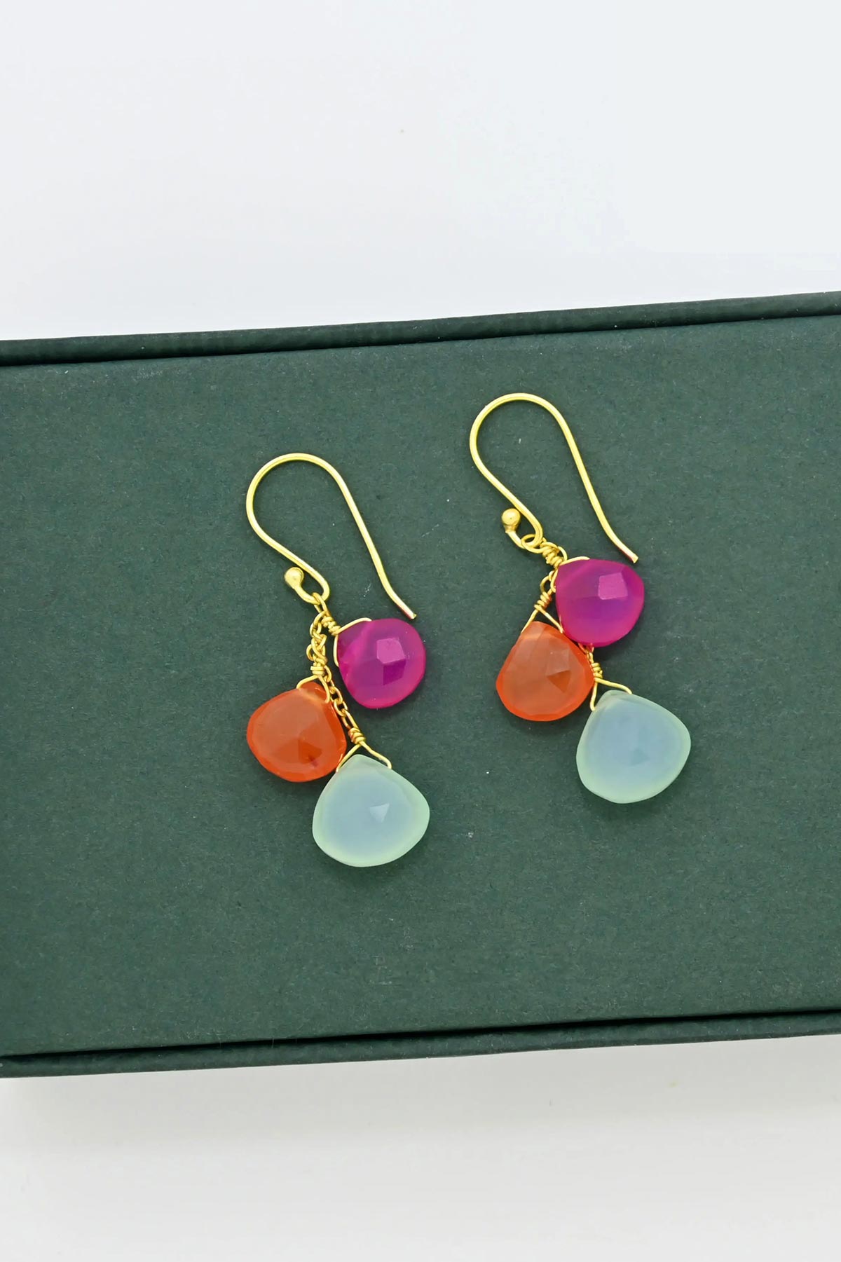 Schmuckoo Pink Fuchsia Onyx, Orange Carnelian & Aqua Chalcedony Droplet Hook Earrings