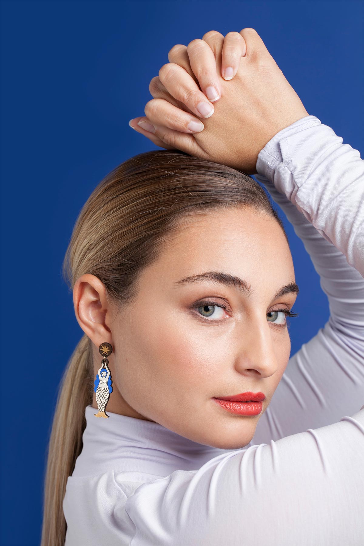 Materia Rica Blue Mermaid Stud Wooden Earrings