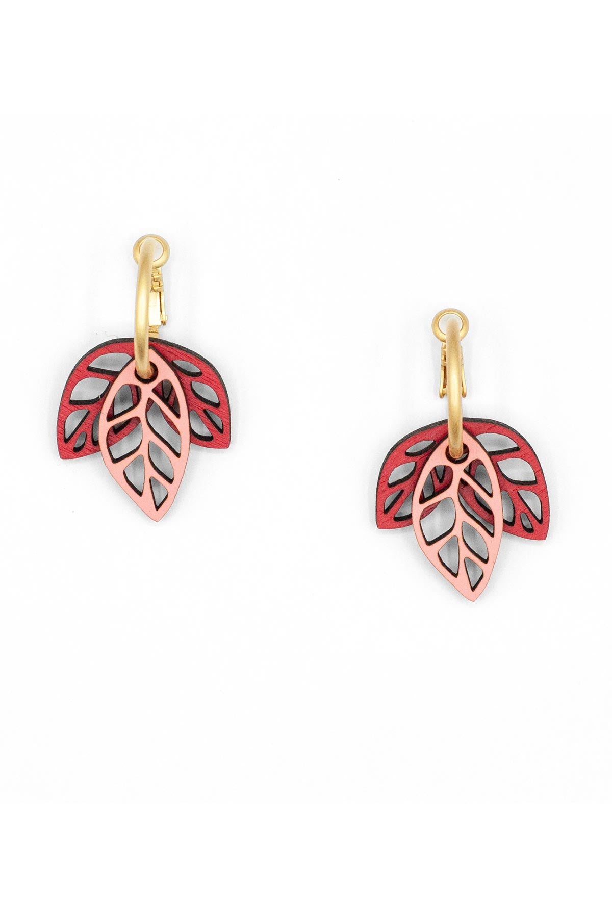 Materia Rica Rustling Leaves Drop Hoop Wooden Earrings In Red