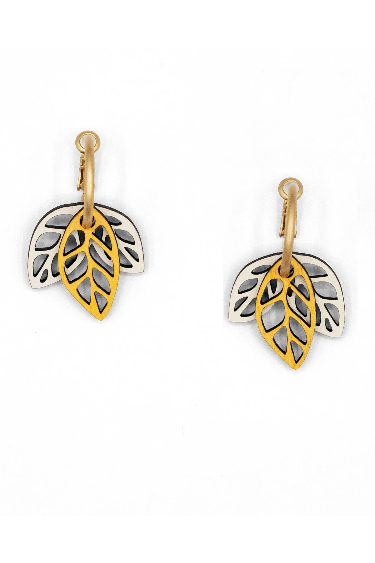 Materia Rica Rustling Leaves Drop Hoop Wooden Earrings In Yellow