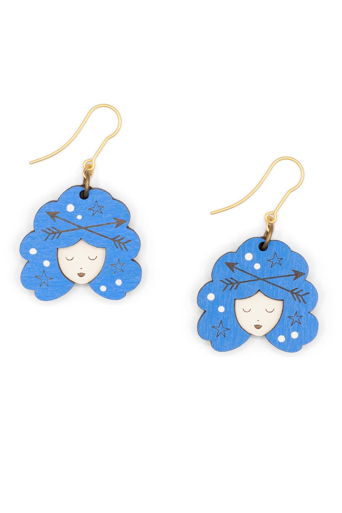 Blue Zodiac Sagittarius Drop Hook Wooden Earrings Materia Rica