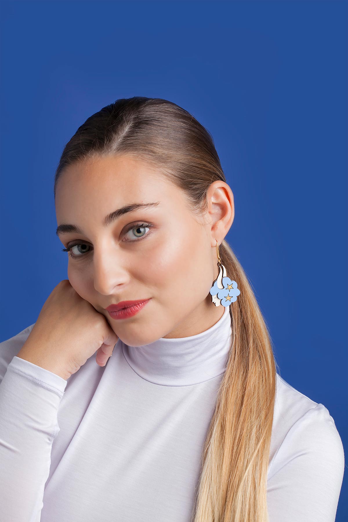 Blue Zodiac Taurus Drop Hook Wooden Earrings Materia Rica