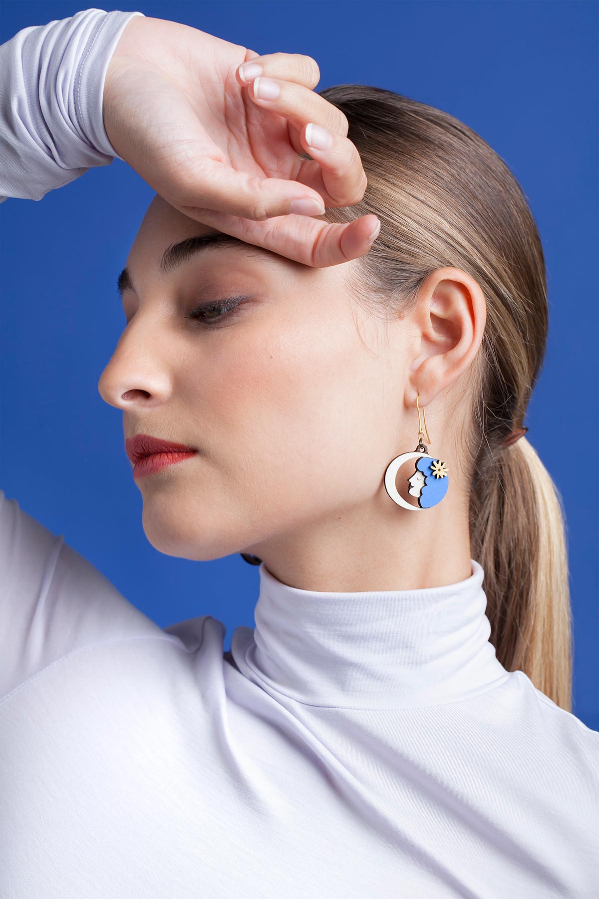 Blue Zodiac Virgo Drop Hook Wooden Earrings Materia Rica