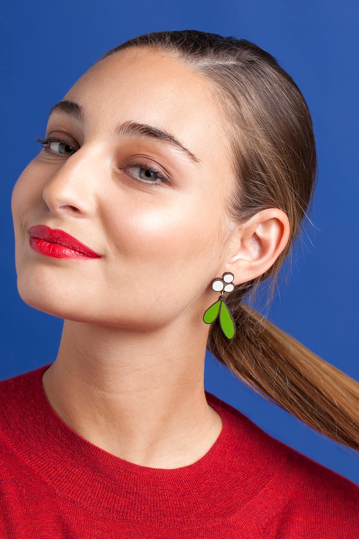Winter Mistletoe Stud Wooden Earrings Hand-Painted Materia Rica
