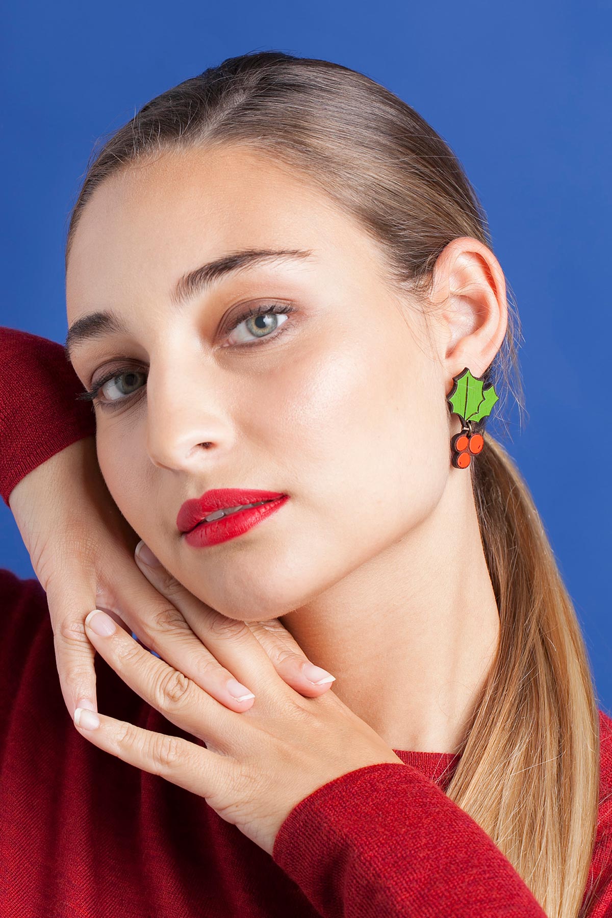 Materia Rica Red Holly Stud Wooden Earrings