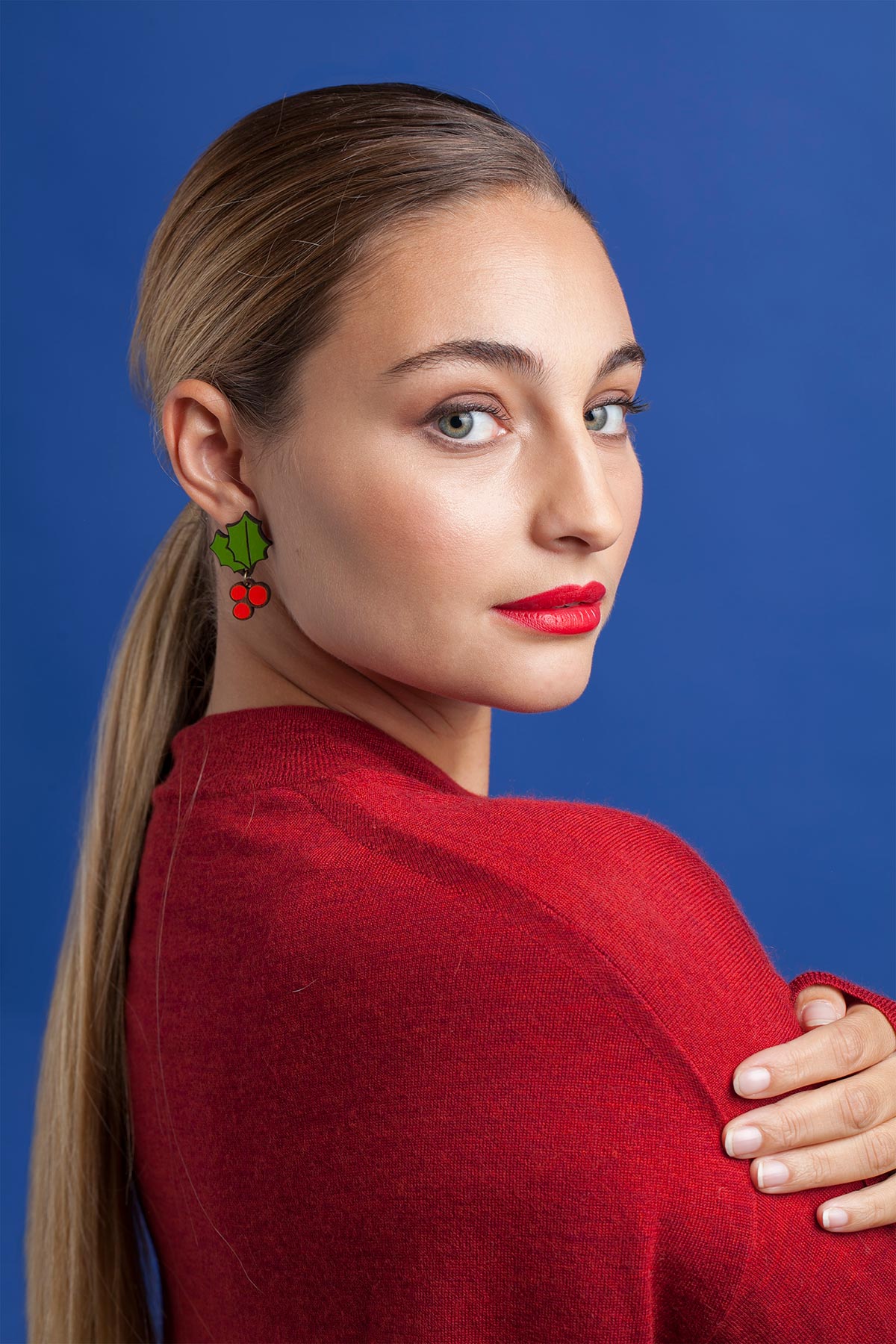 Materia Rica Red Holly Stud Wooden Earrings